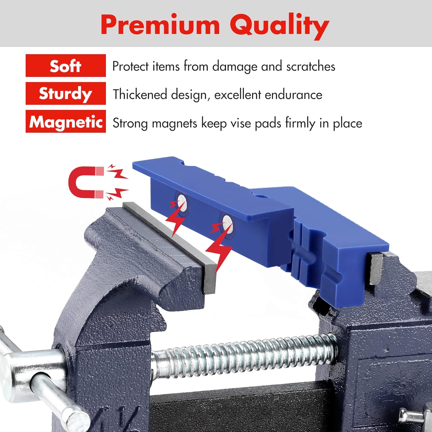 Magnetic TPU vise jaw protective covers in blue and dark gray on a vise clamp