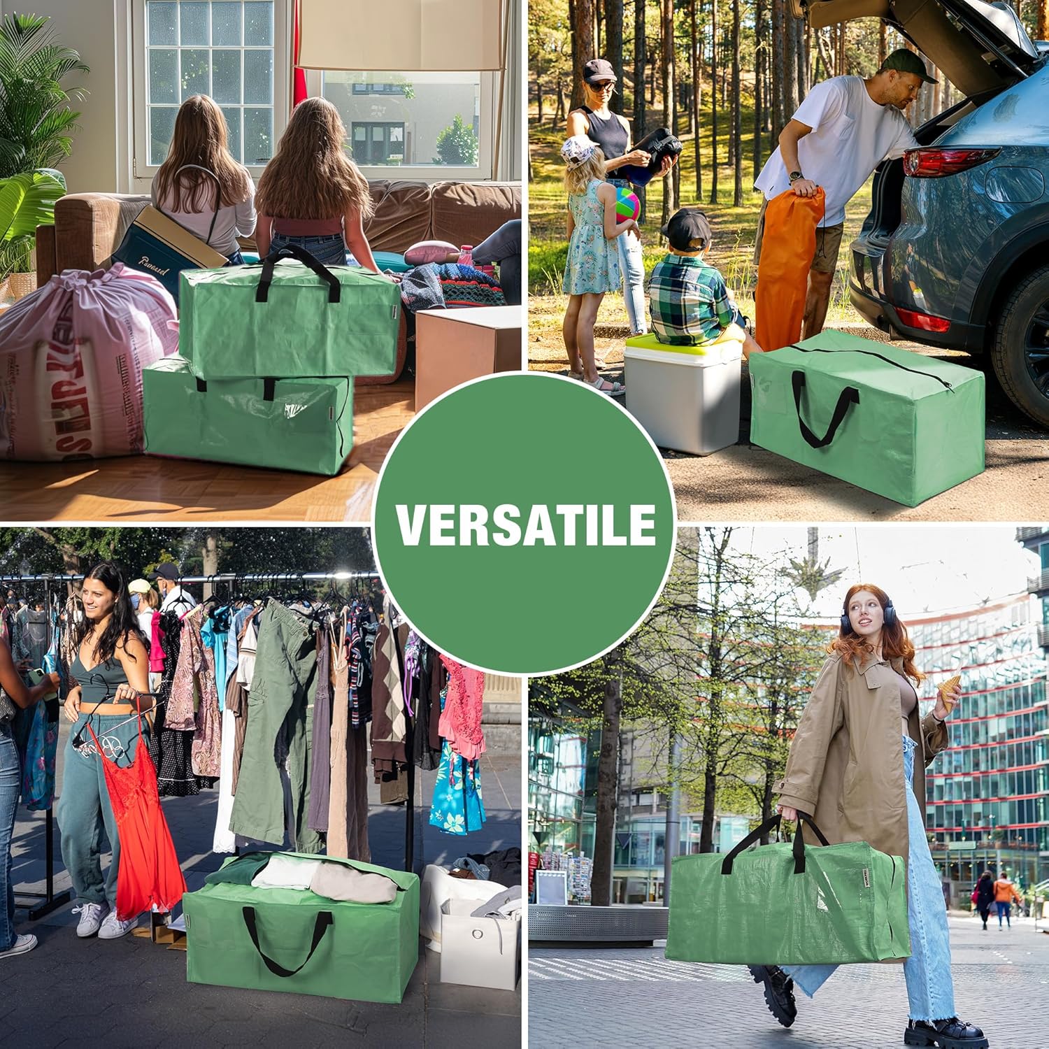 Set of six green moving storage tote bags with zipper and carry handles