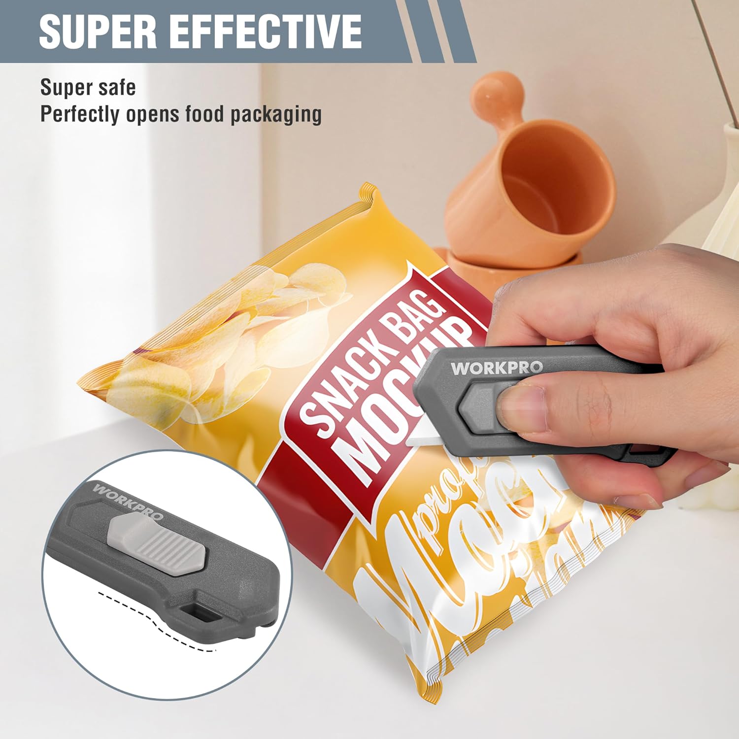 Retractable safety box cutter opening a snack bag with mini blade engaged