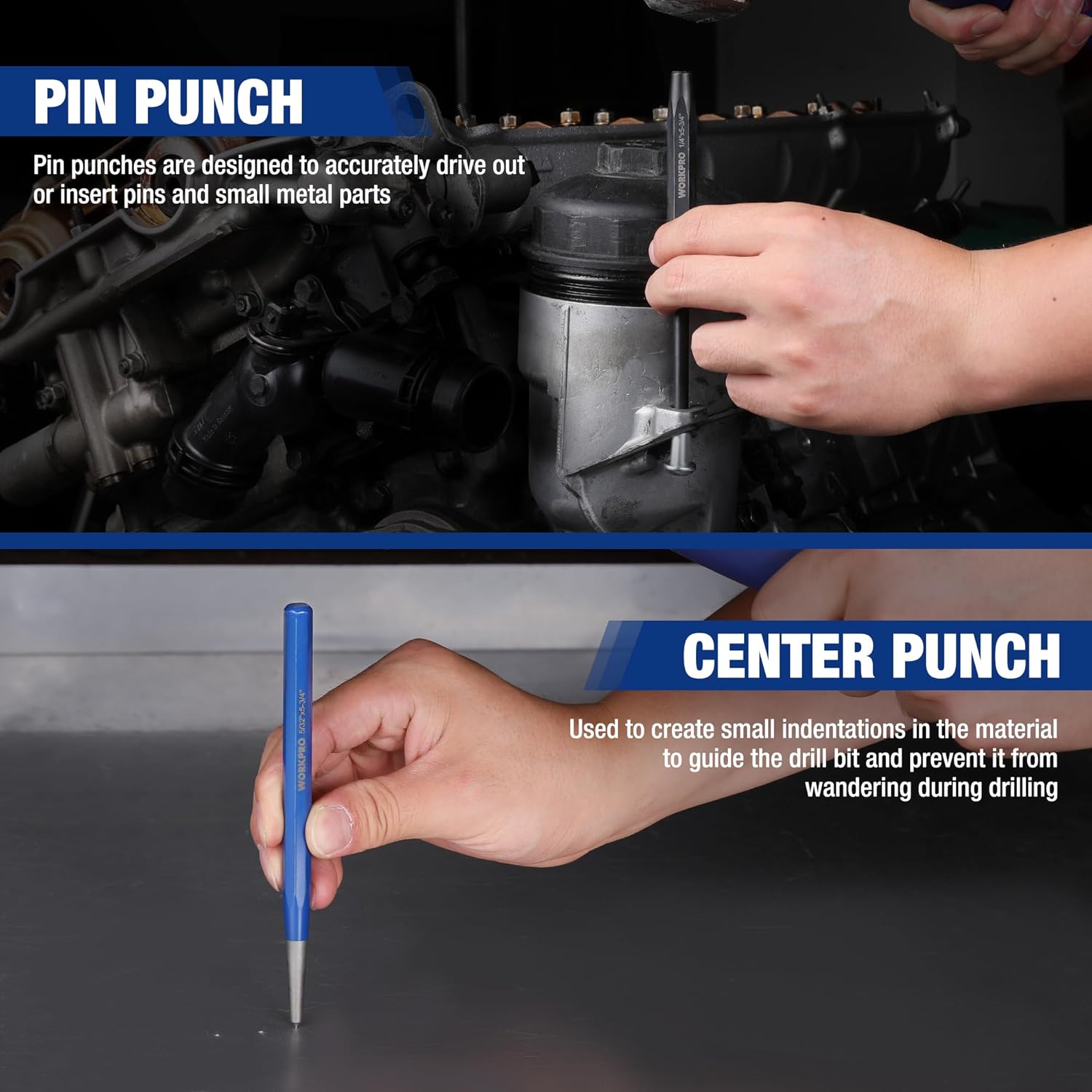 Pin punch and center punch tools with blue handles held for marking engine parts.