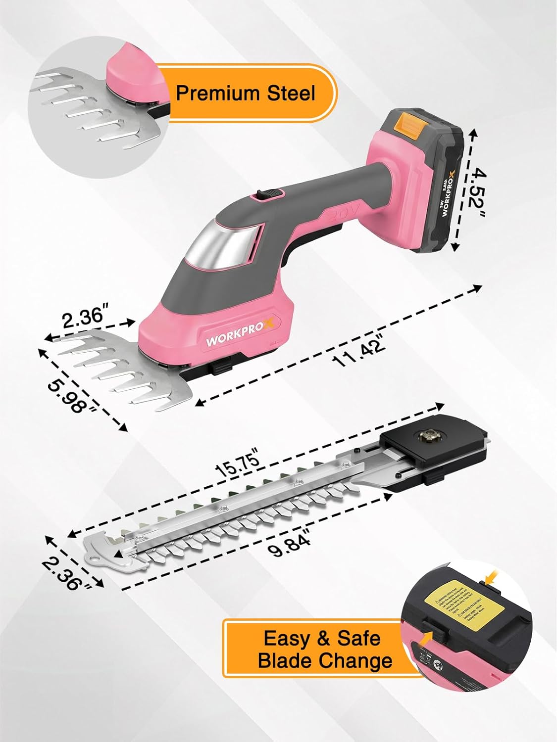Pink cordless trimmer with dual steel blades for grass shear and hedge cutting