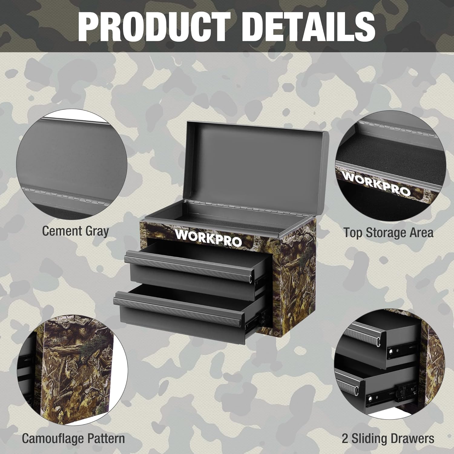 Camo mini metal tool box with cement-gray interior and two sliding drawers
