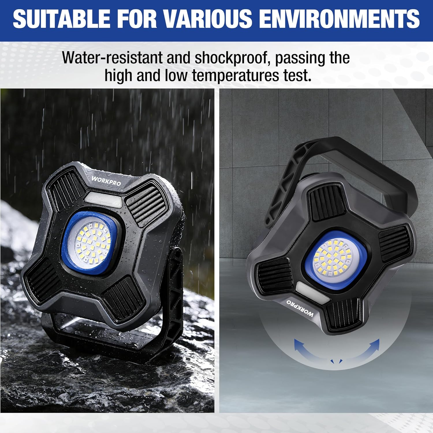 Portable LED work light with blue-ring lens in wet conditions, black housing