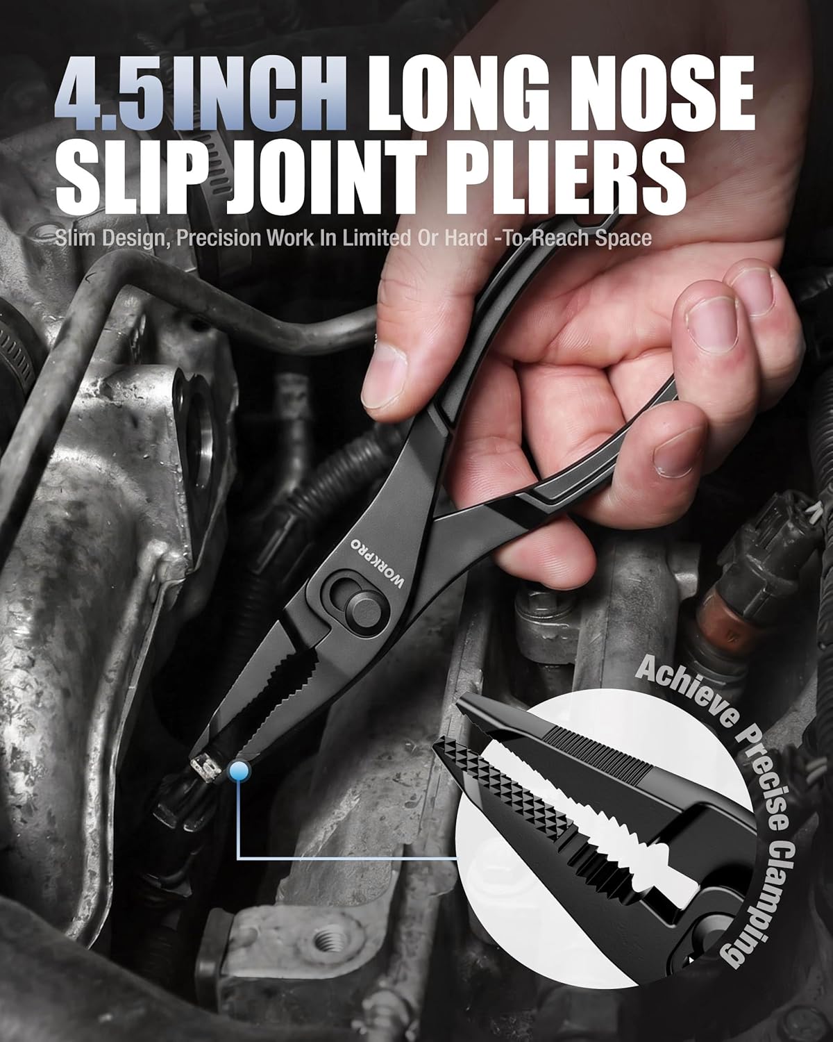 WORKPRO 4.5-inch long nose slip-joint pliers for tight spaces, pointed serrated jaws