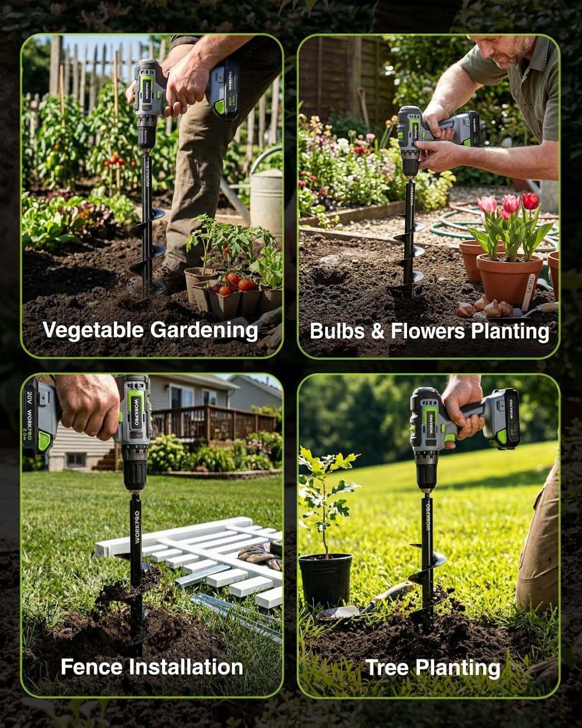Garden auger drill bit drilling in flower bed soil for planting and hole making