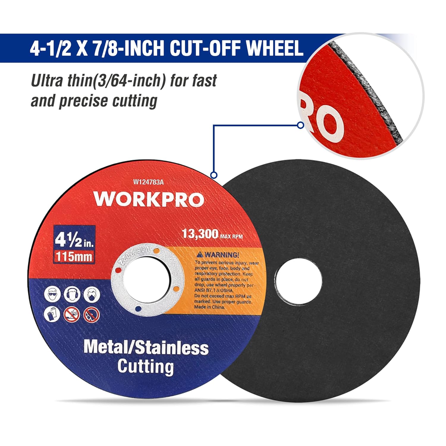 4-1/2 x 7/8 in WORKPRO metal/stainless cutting wheels, thin disc, 13,300 max RPM