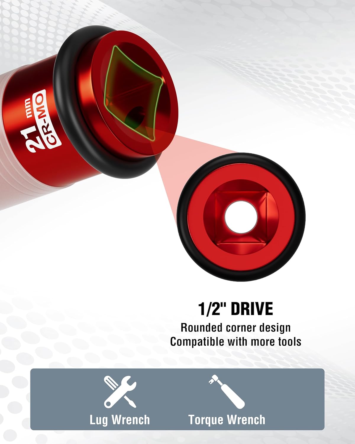 1/2 in drive 21 mm lug nut socket with rounded corner design and non-marring insert