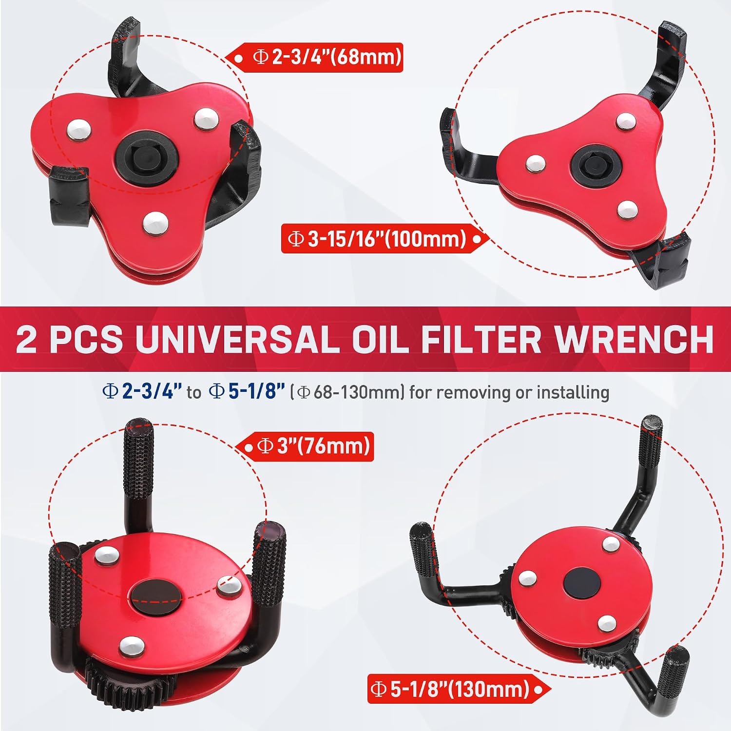 Set of two red universal oil filter wrenches with black clamp arms and textured feet