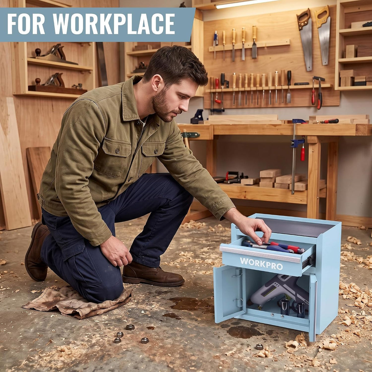 Workpro mini tool box in light blue metal with organized compartments for workshop storage and tools.