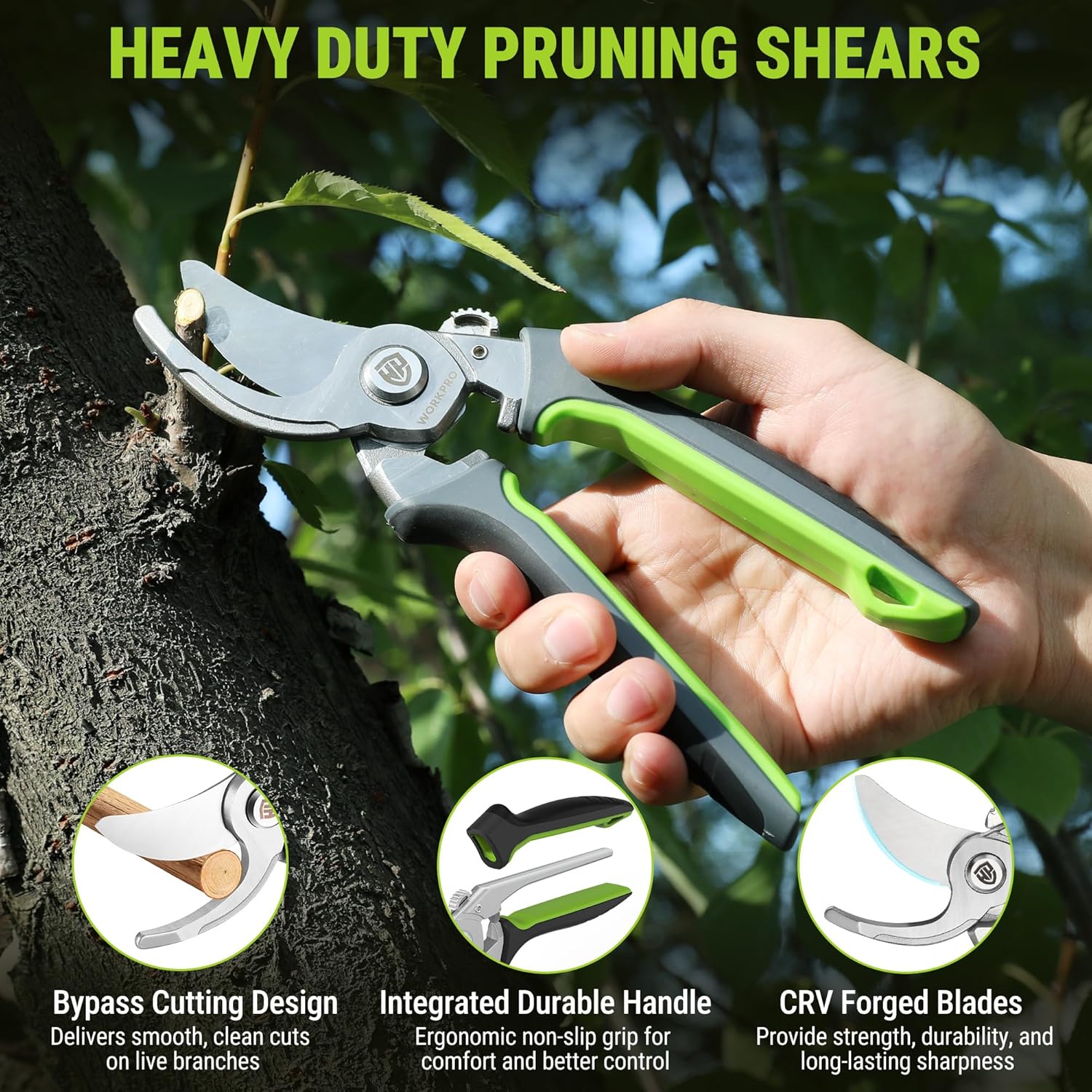 WORKPRO bypass pruning shears with green handles, used to cut a tree branch