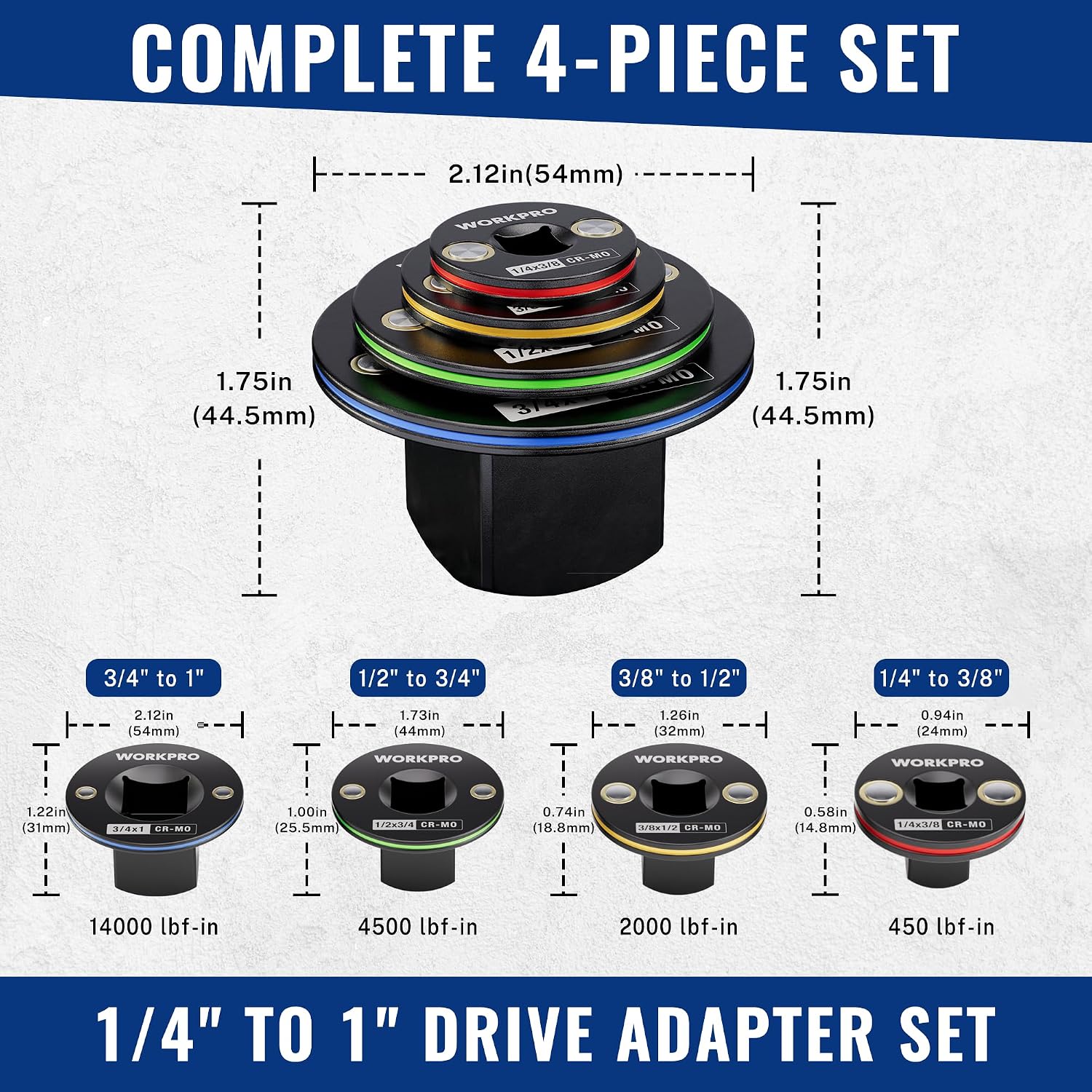 4-piece low profile impact socket adapter set, black magnetic stubs with colored rings