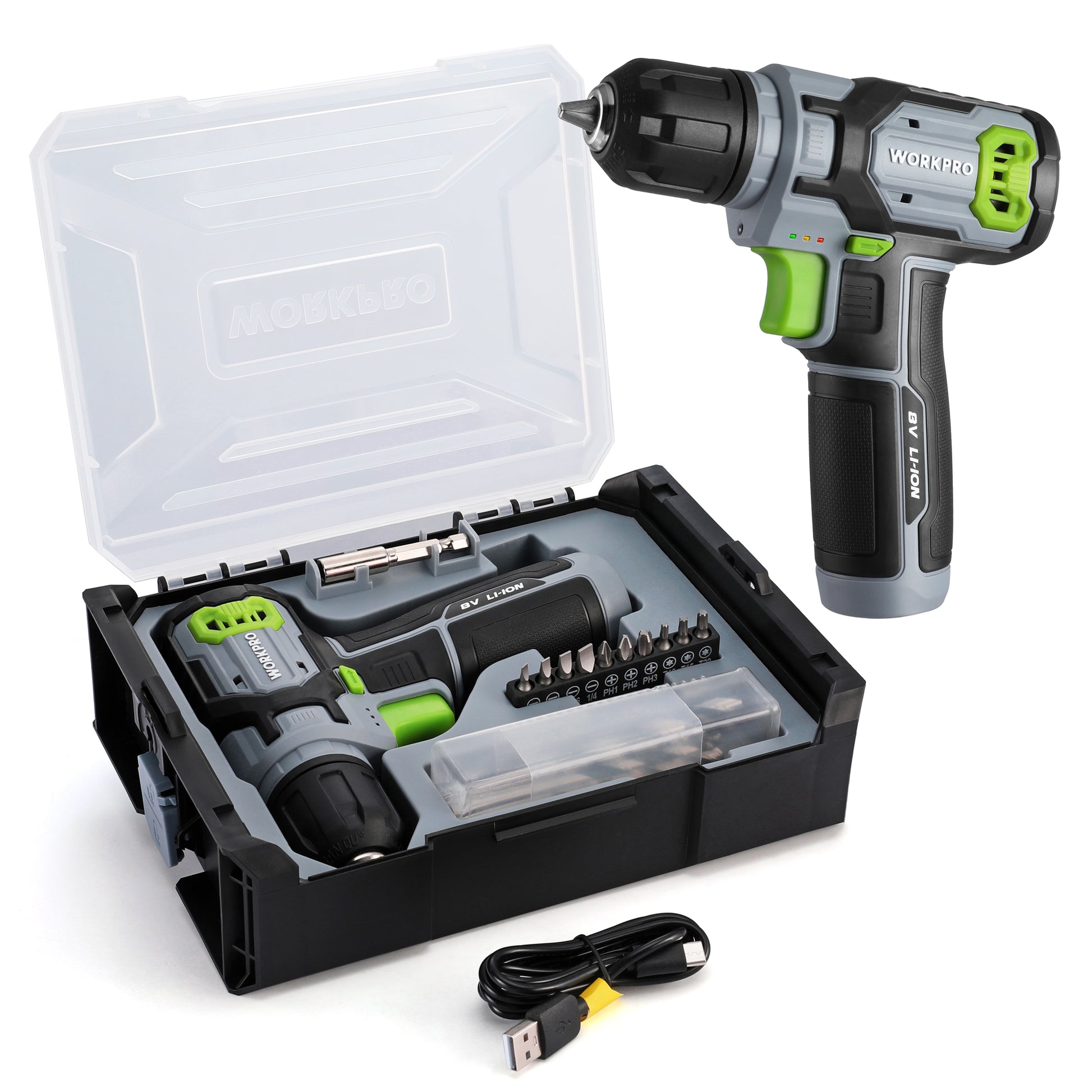 Cordless drill driver with open stackable tool box, showing bits and accessories
