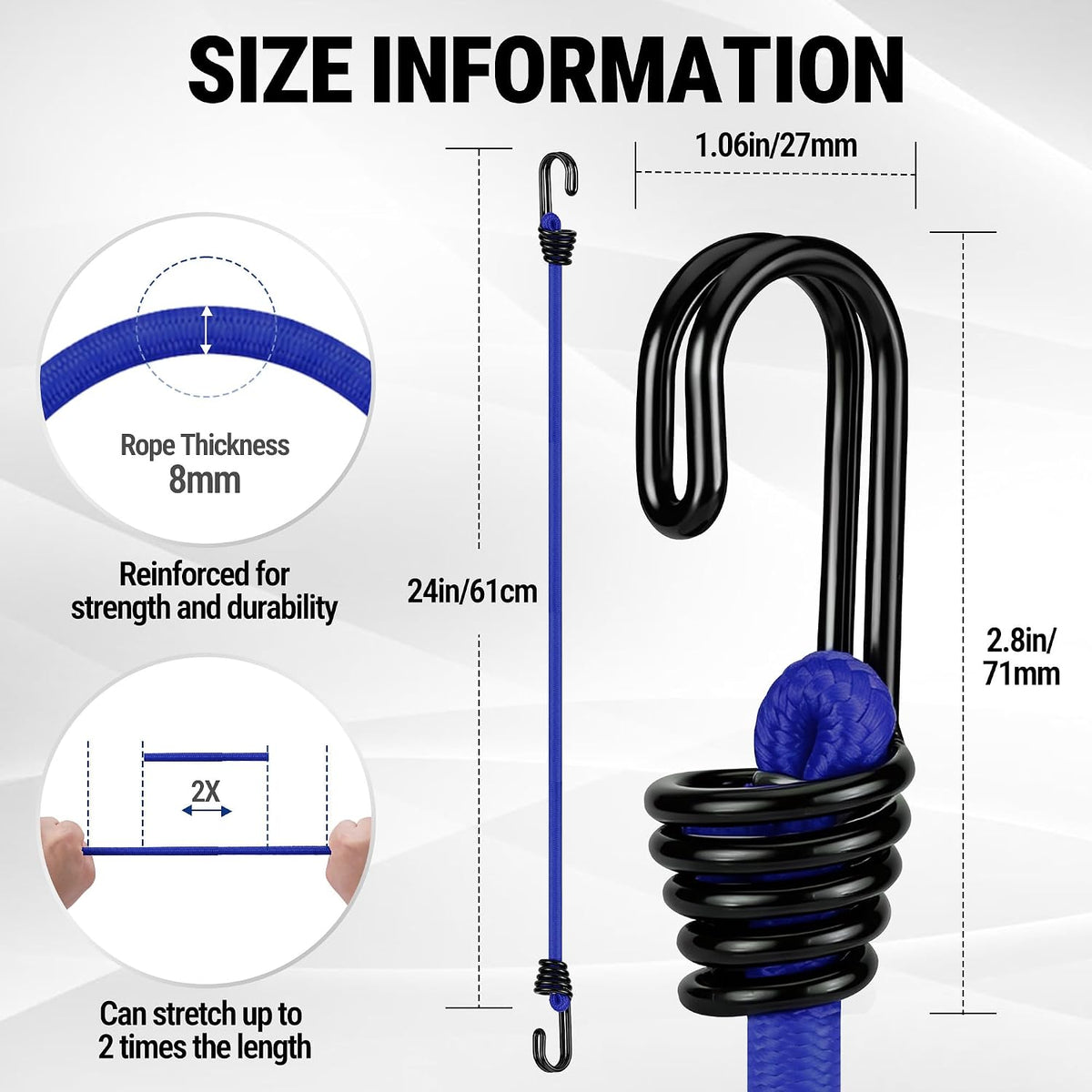 Workpro 24 inch bungee cords with hooks in blue, reinforced for durable outdoor securing of cargo.
