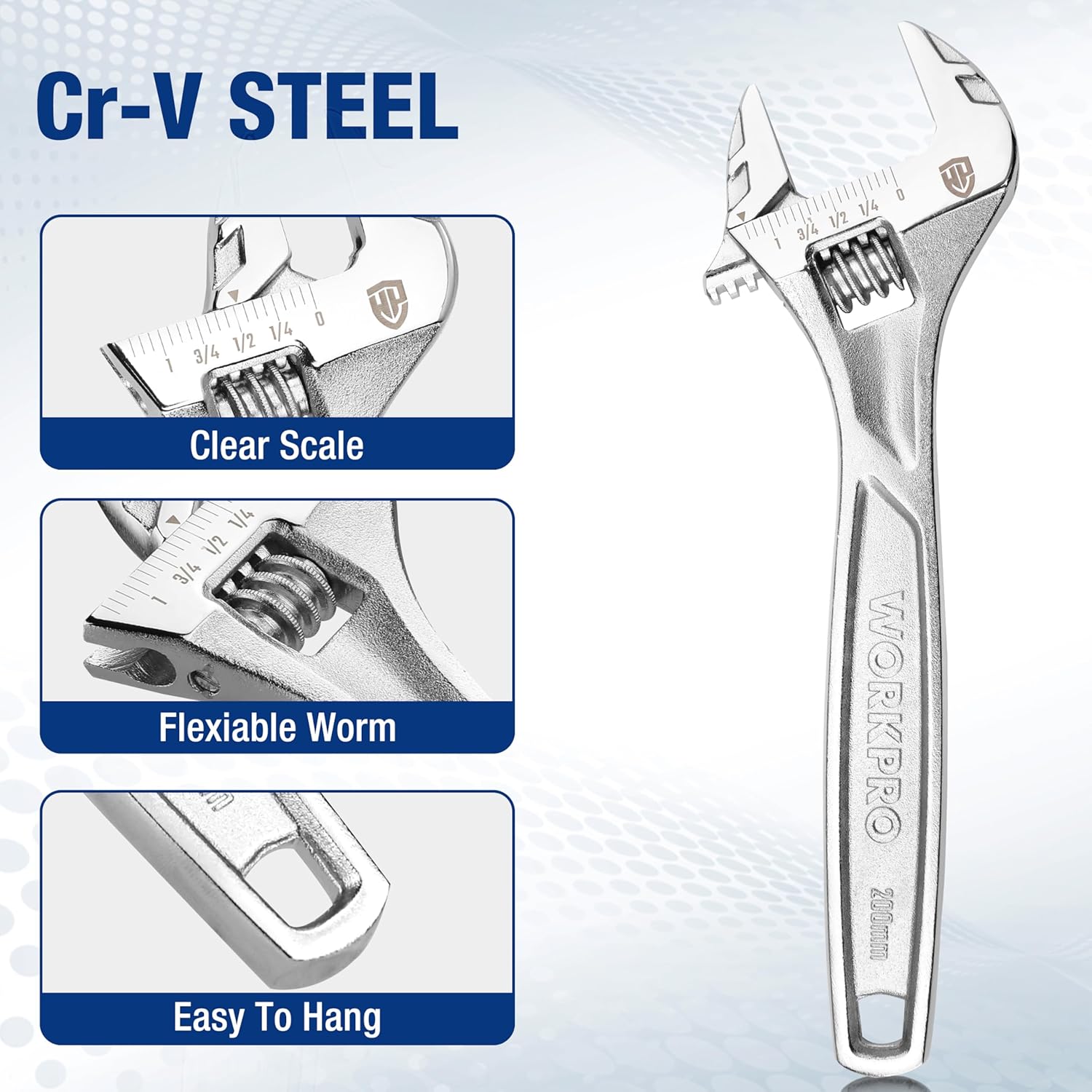 Adjustable wrench with clear scale, flexible worm mechanism, and hanging slot.