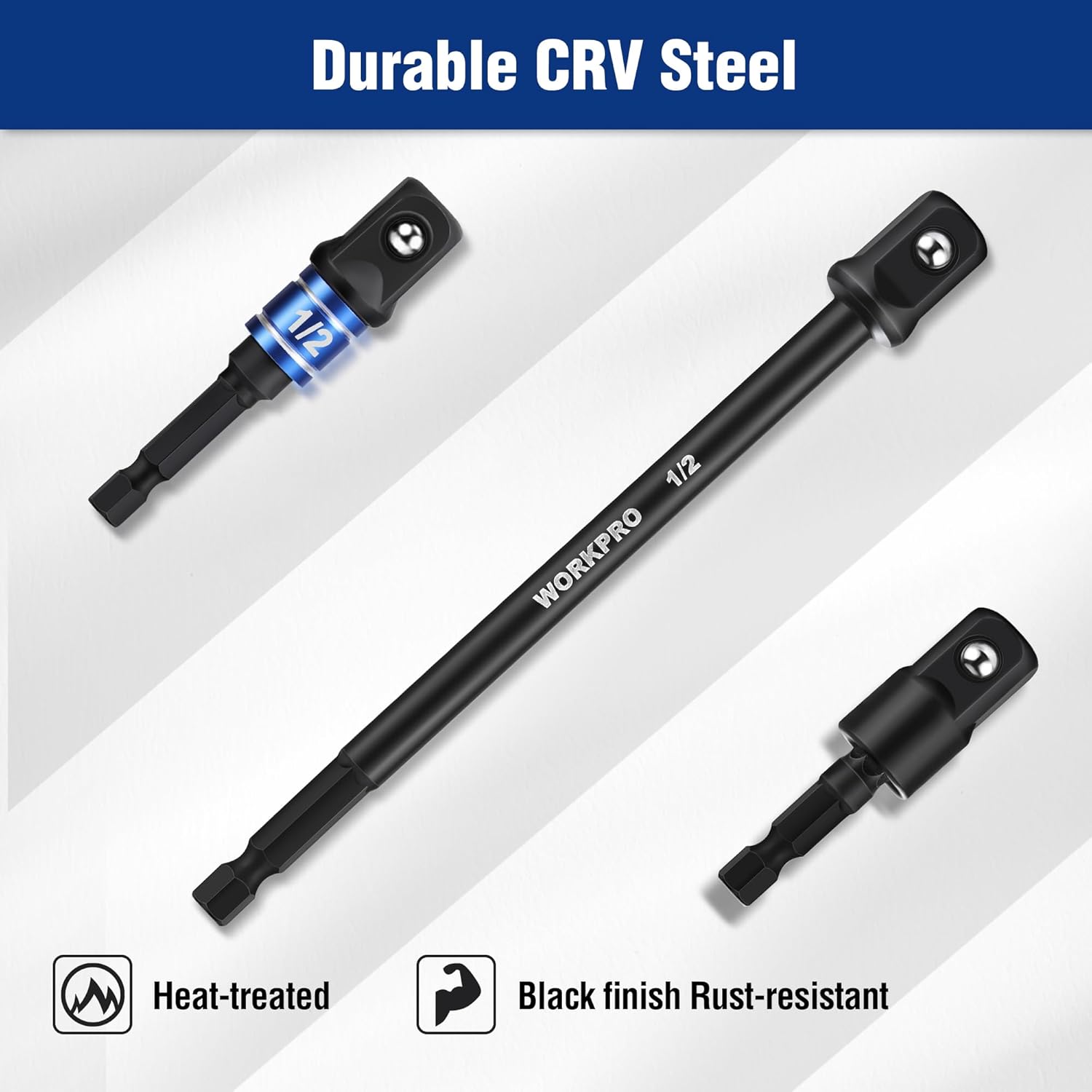 WORKPRO CRV steel socket adapters with black finish, including 1/4 in and 1/2 in sizes
