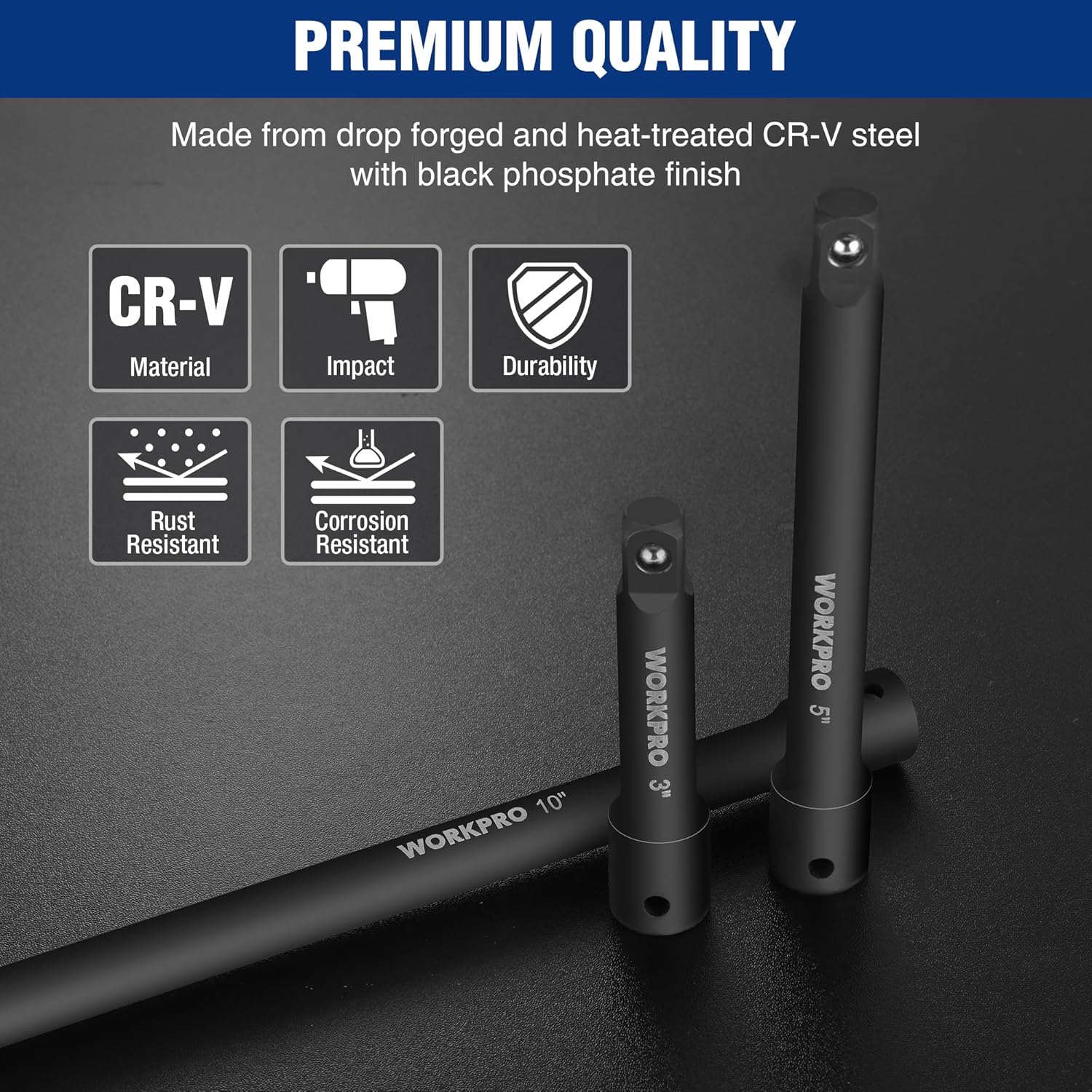 3/8-inch drive extension bars with black phosphate finish, three-piece set
