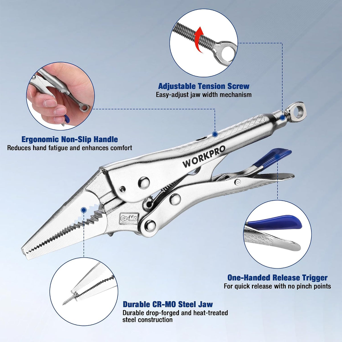 WORKPRO 9.5" Long Nose Locking Pliers, CR-MO Steel Construction with Perforated Screw, Multipurpose Clamping Tool for Automotive, Welding, and Home DIY