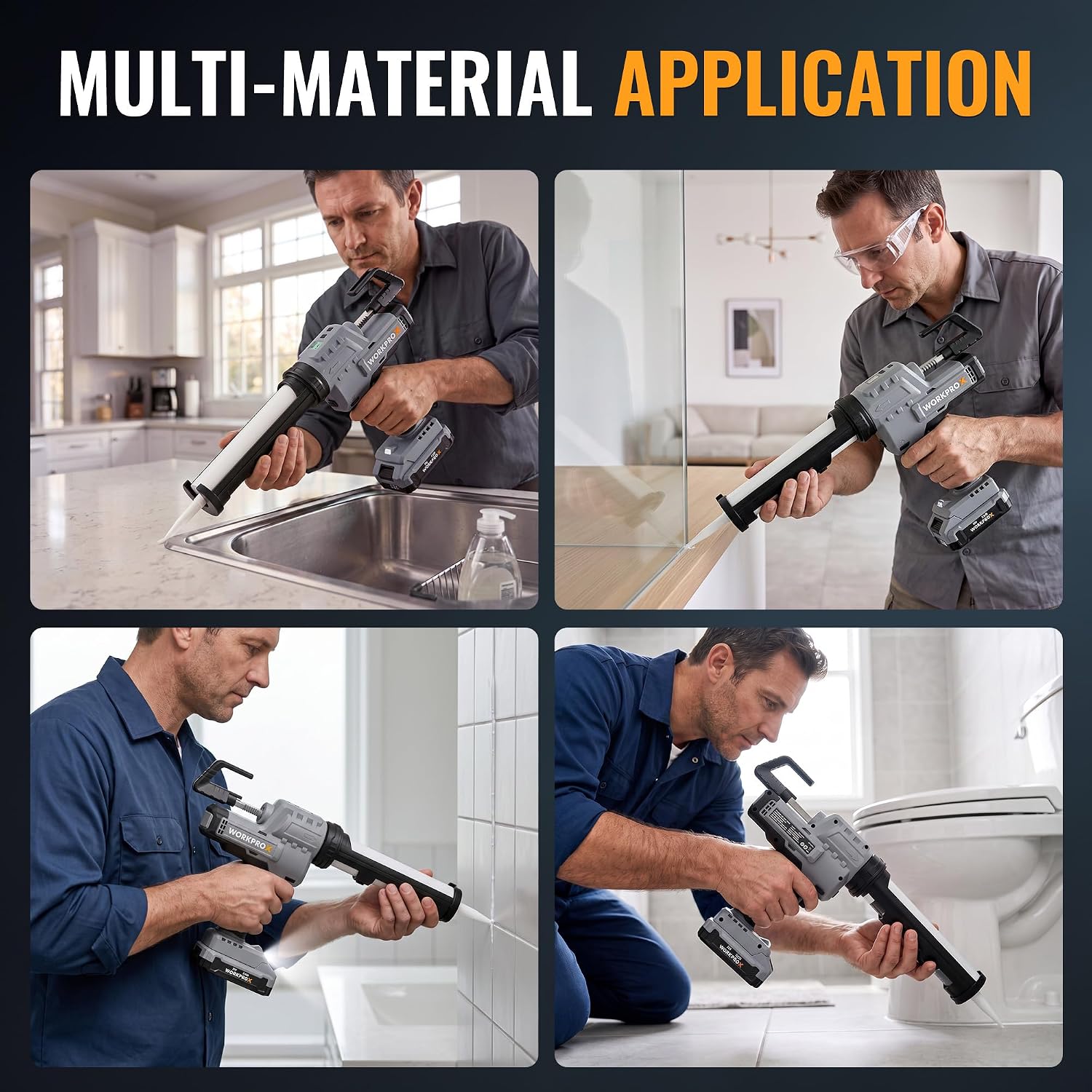 Cordless caulking gun dispensing sealant along countertop and bathroom fixtures