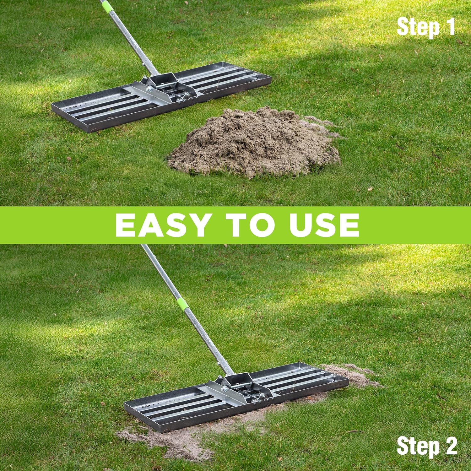 Lawn leveling rake with steel head and green handle, shown leveling a soil mound