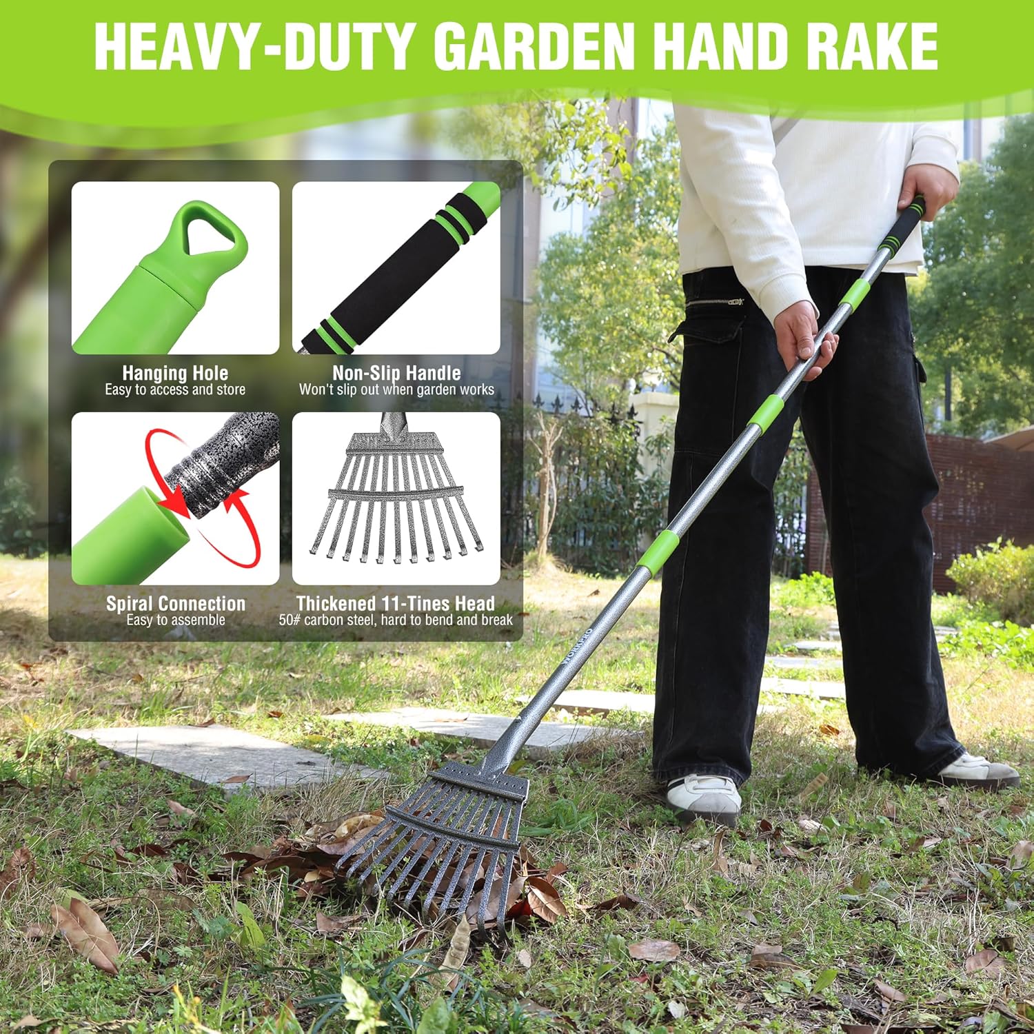 Heavy-duty garden hand rake with green grip handle and metal tine head for yard raking.