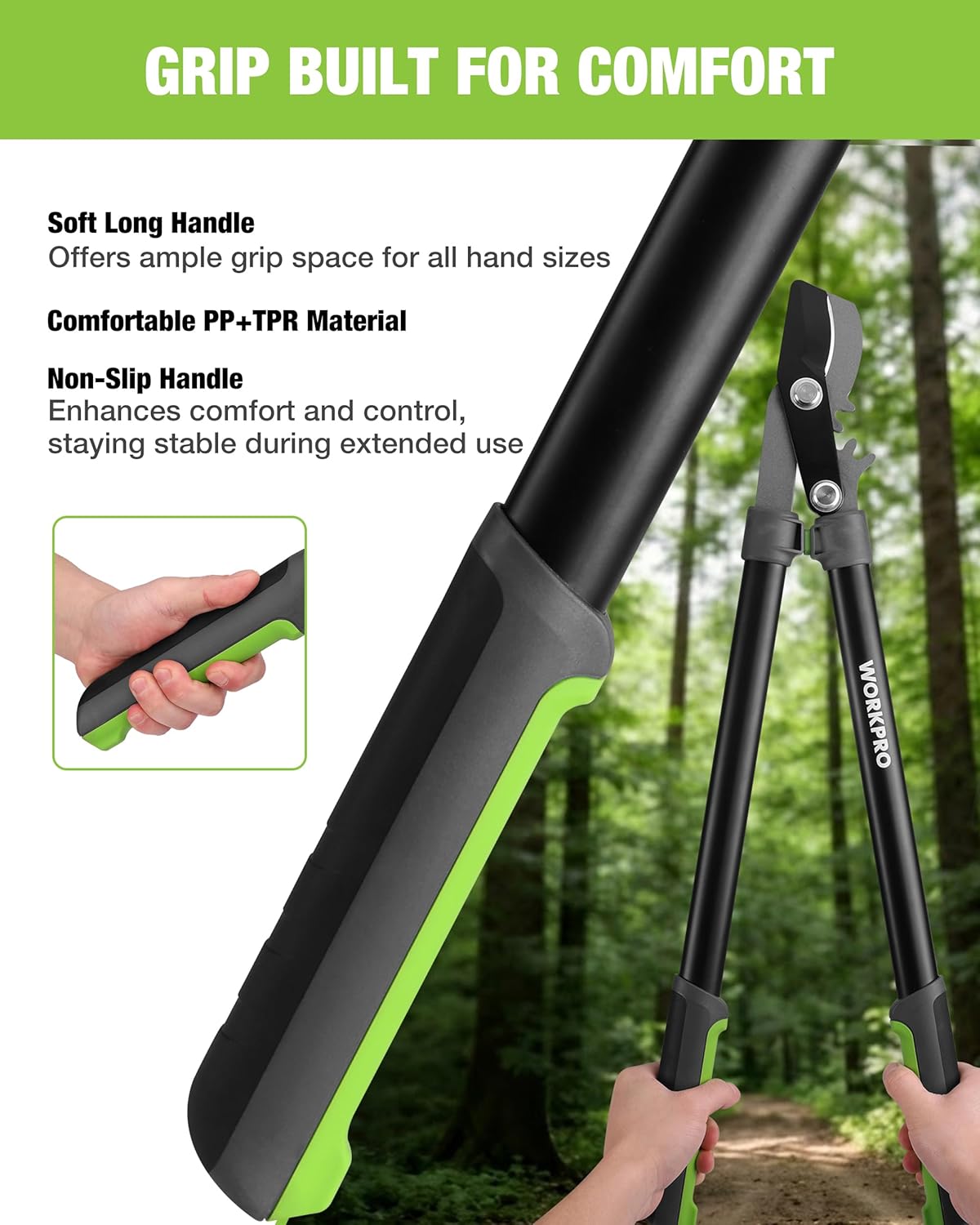 Comfort grip bypass lopper with long soft handle and green accent pads