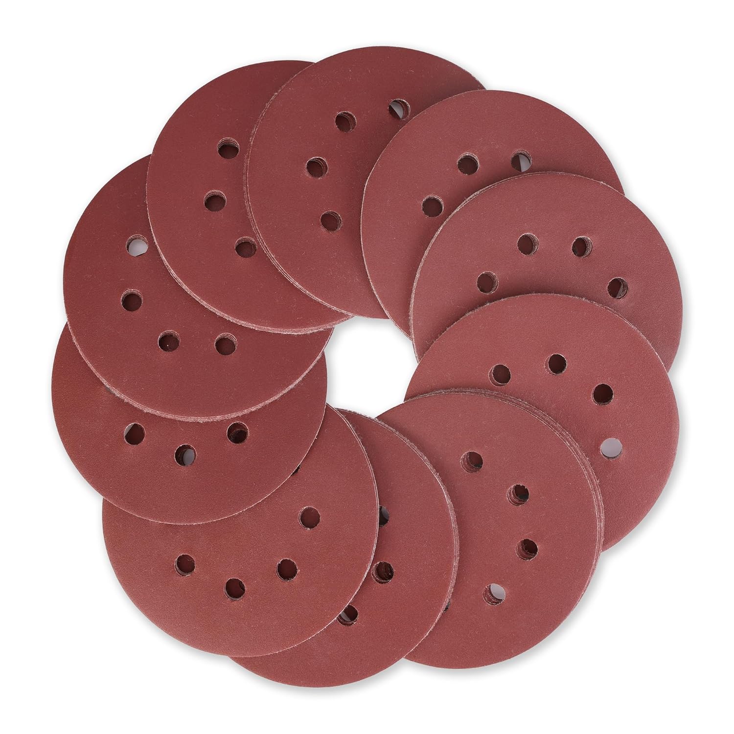 Assorted red-brown 8-hole hook-and-loop sanding discs, multiple rounds