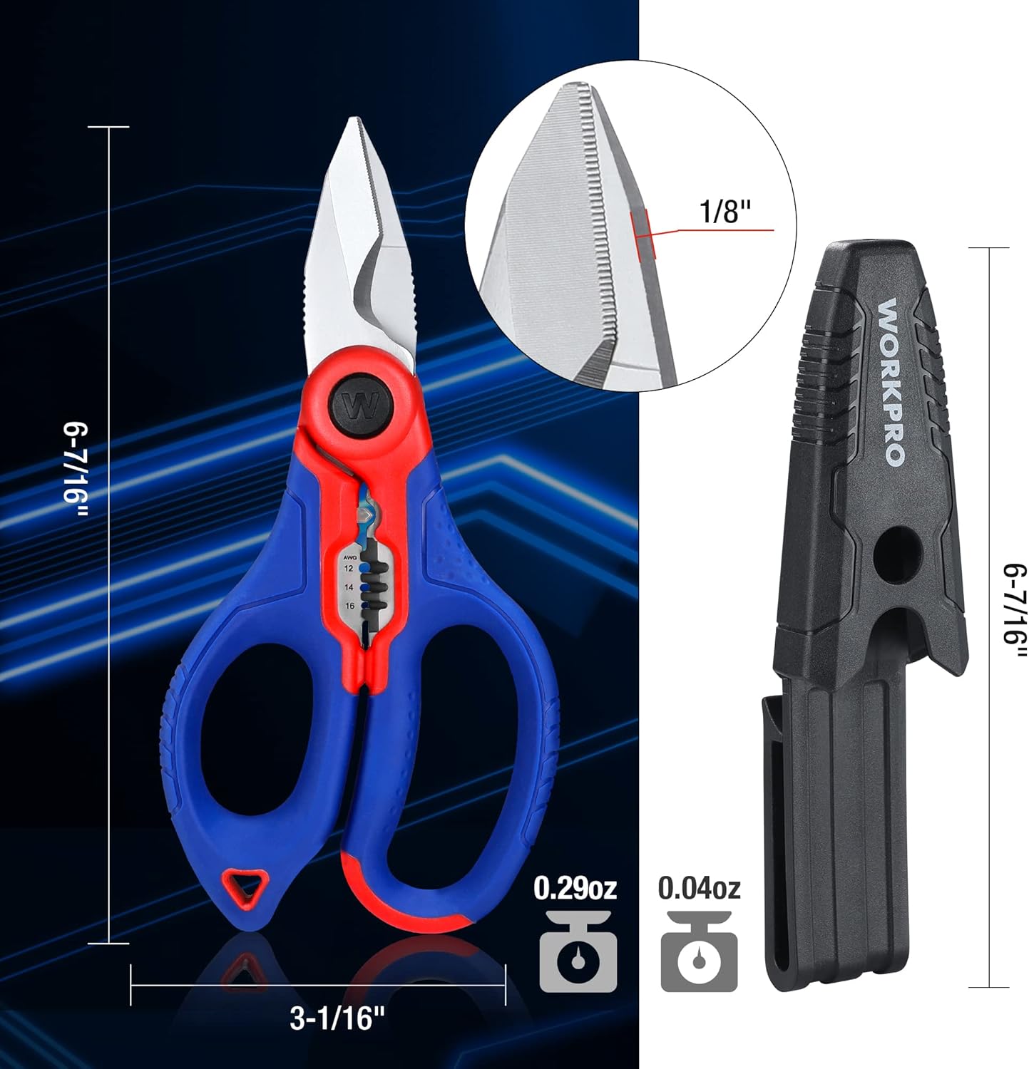 Electrician shears with wire stripper, red and blue handles, stainless steel blades