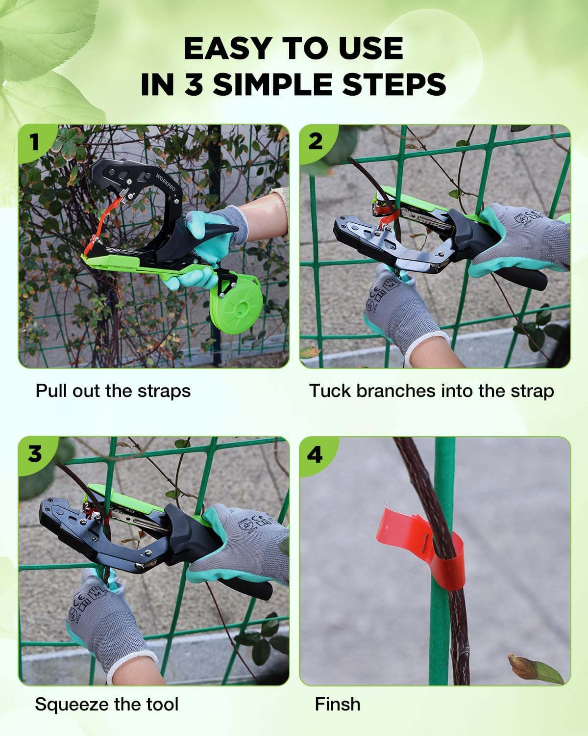 Plant tying machine usage steps with green tool, gloved hands, and strap finishing
