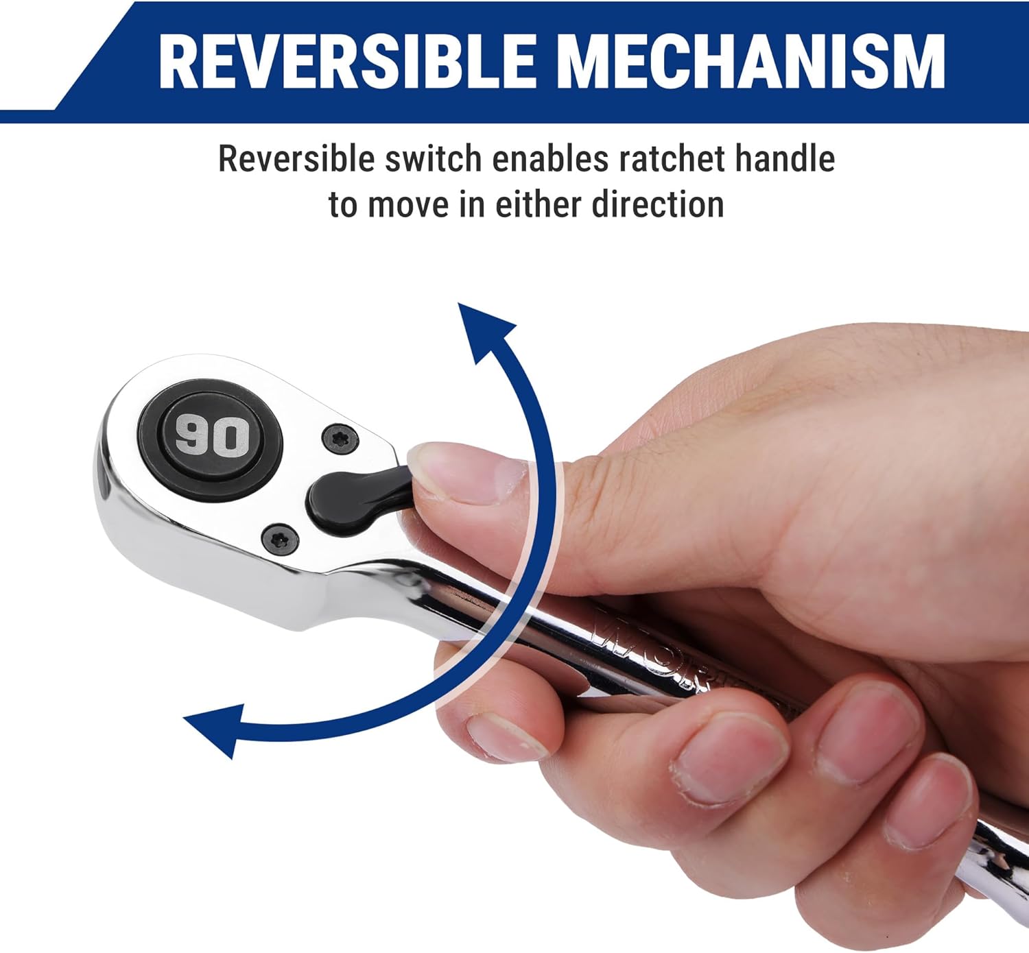 Chrome reversible ratchet wrench with 90-tooth head, hand shown adjusting switch