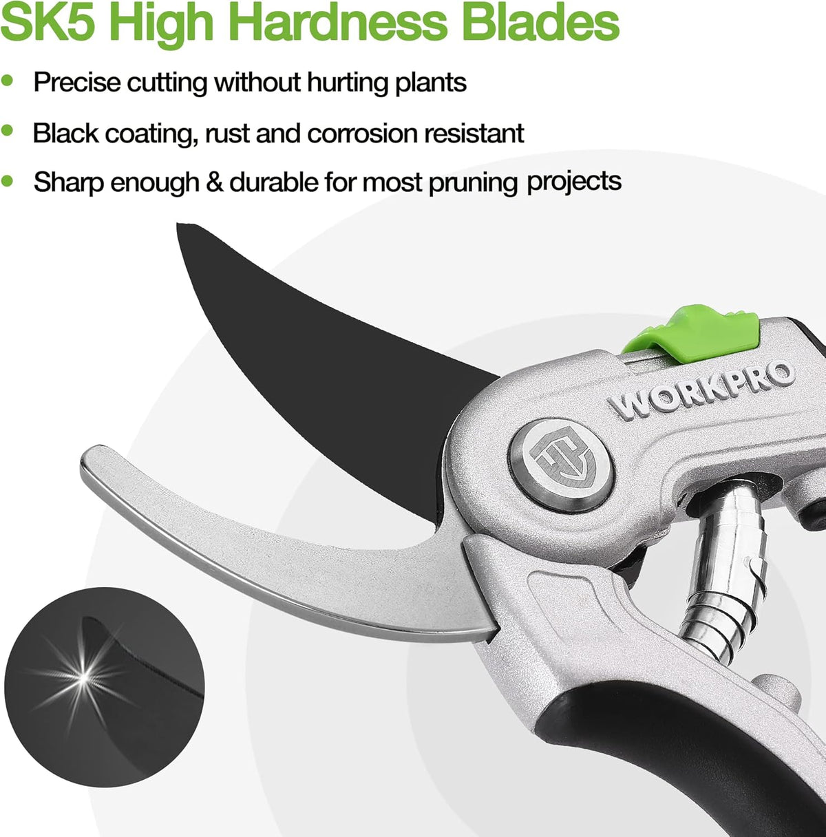 Bypass pruning shears close-up: silver blade with green accent on the gray metal head
