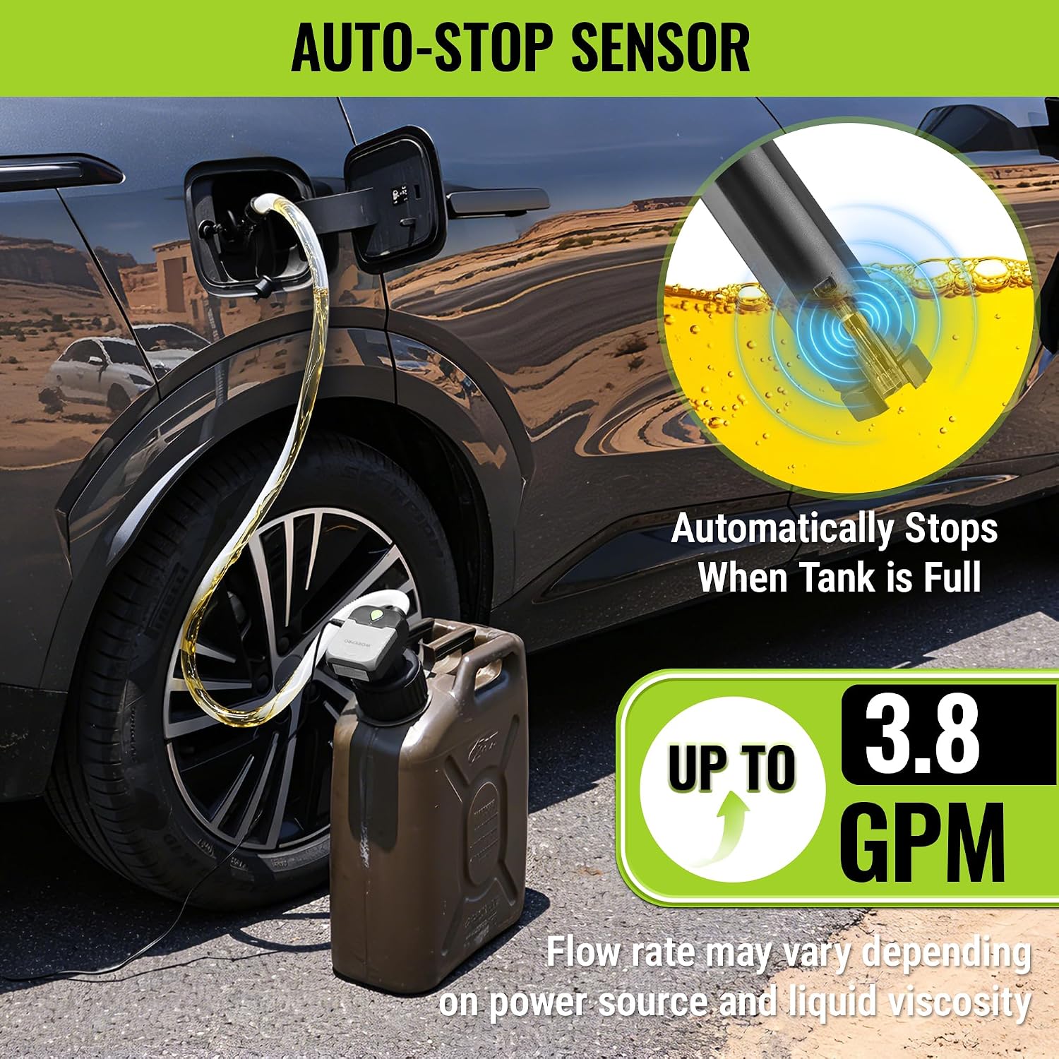 Electric fuel transfer pump with auto-stop sensor and 3.8 GPM flow indicator