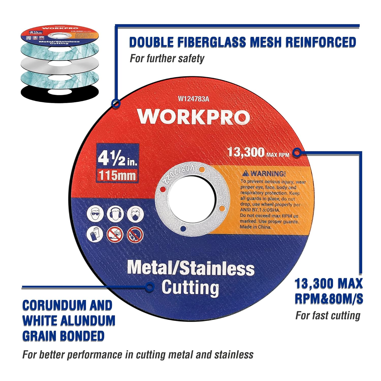 WORKPRO 4-1/2 in metal/stainless cutting wheel with double fiberglass mesh reinforcement