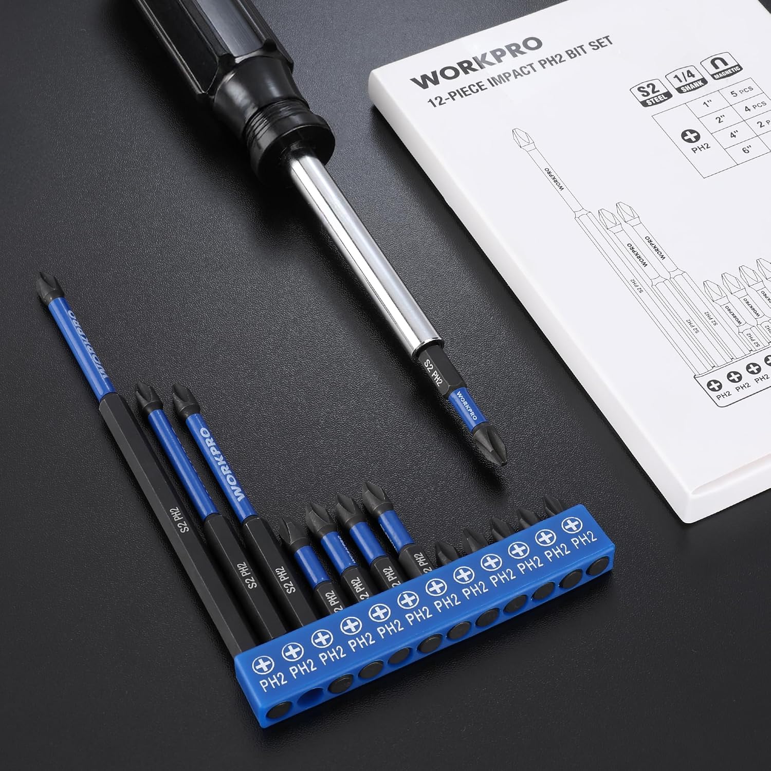WORKPRO 12-piece PH2 Phillips impact bit set in blue holder with screwdriver bits