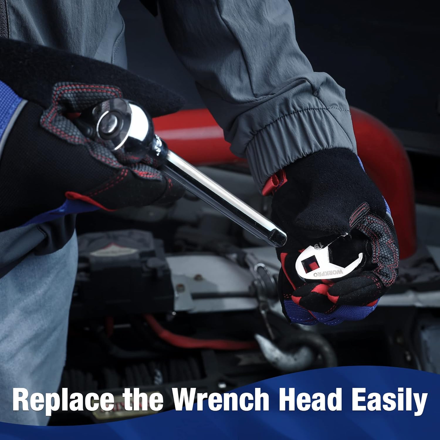 Gloved hand holding 3/8 in drive crowfoot flare nut wrench to remove a fastener