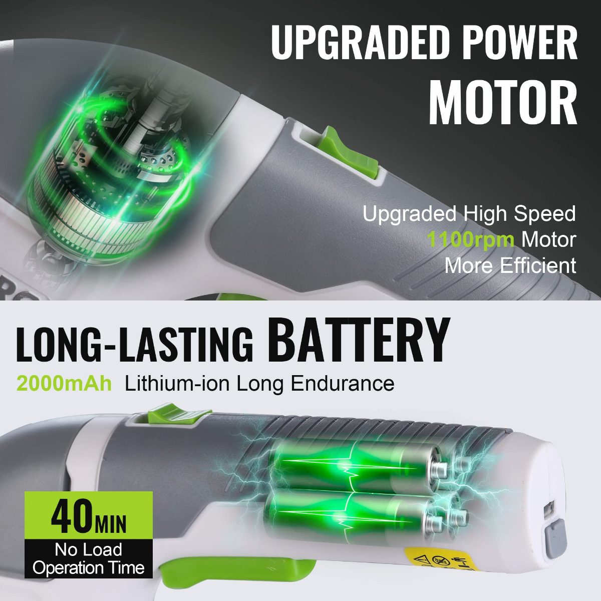 Handheld electric trimmer close-up with green motor graphic and rechargeable body