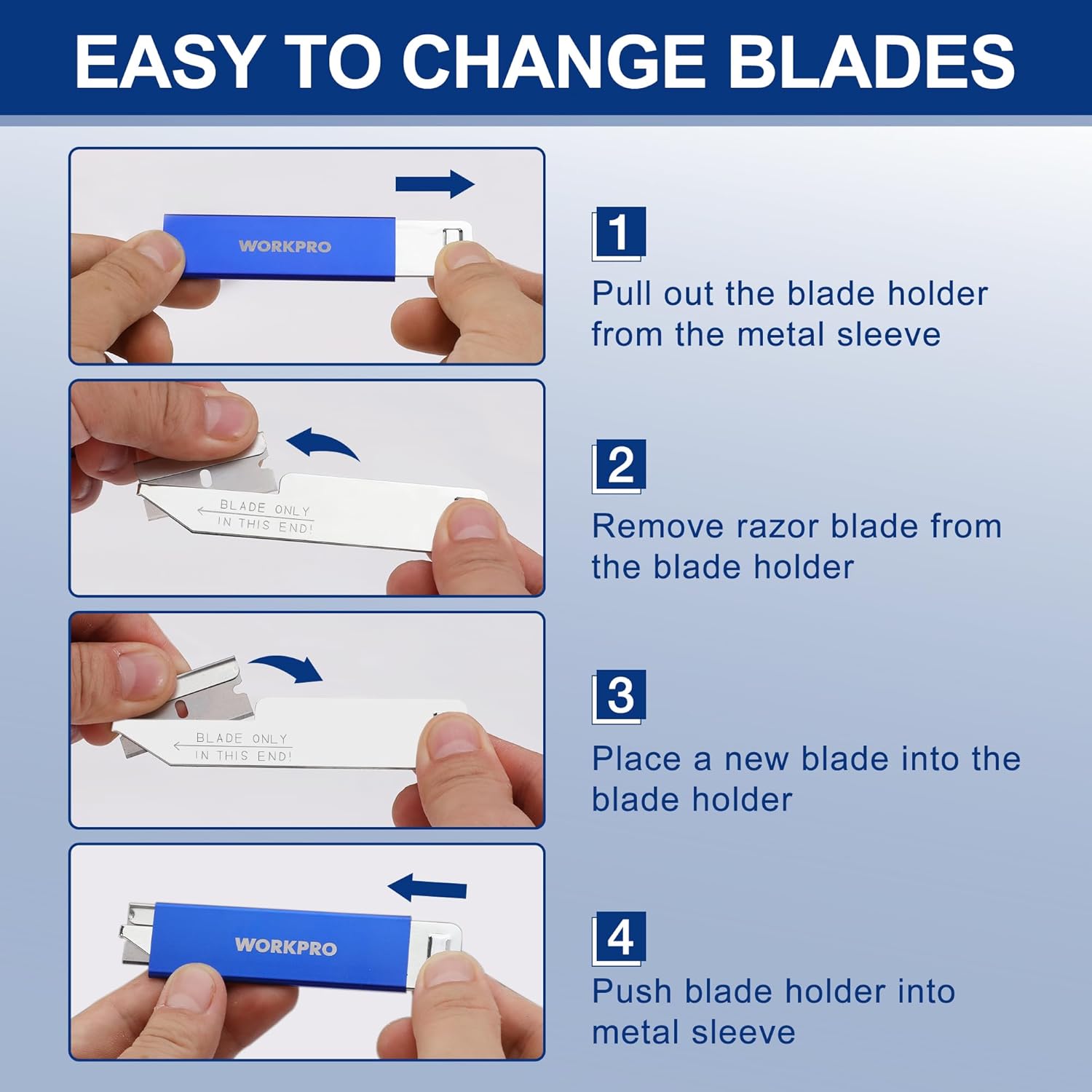 Retractable box cutter blade change steps: pull holder, swap blade, push into sleeve