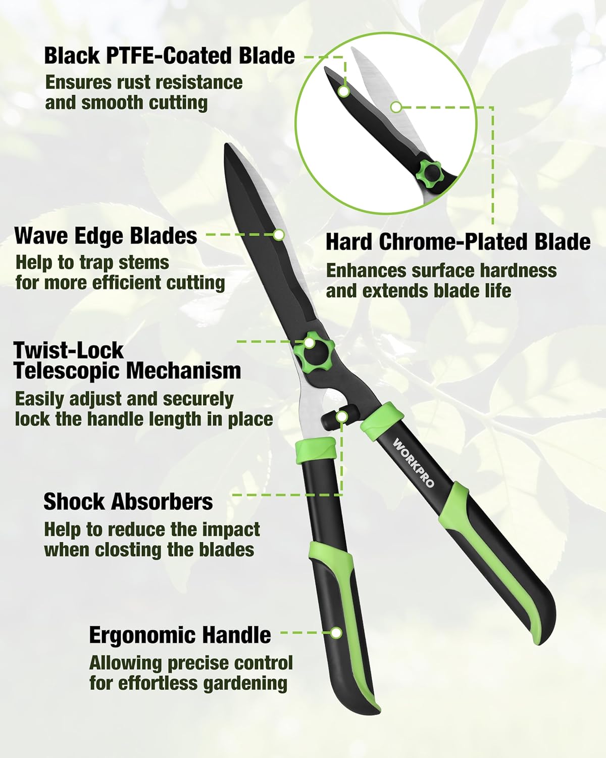 Pruning shears with PTFE-coated black blade, wave edge and shock absorbers