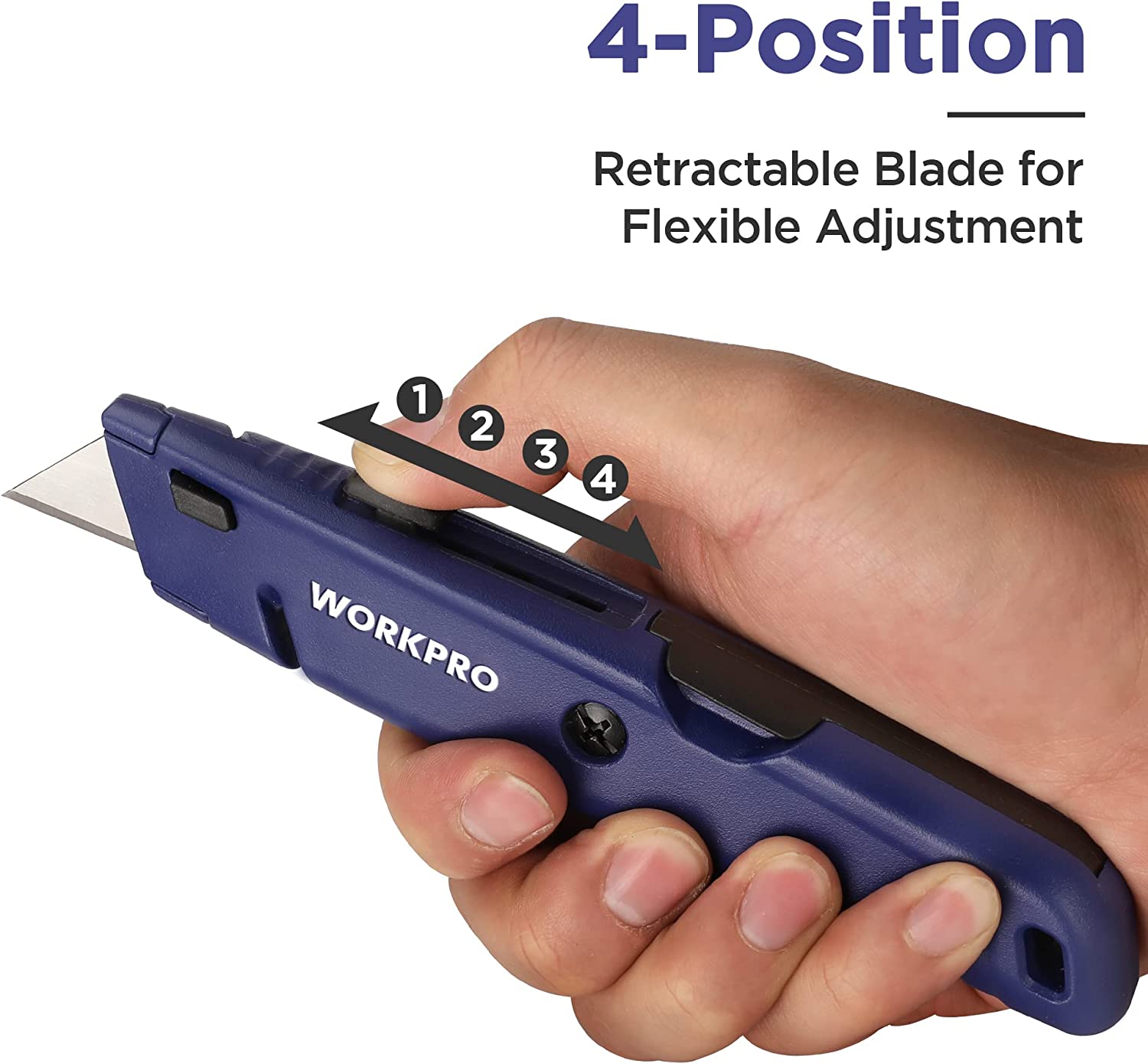 Retractable box cutter with blue handle, exposed blade and thumb wheel adjustment