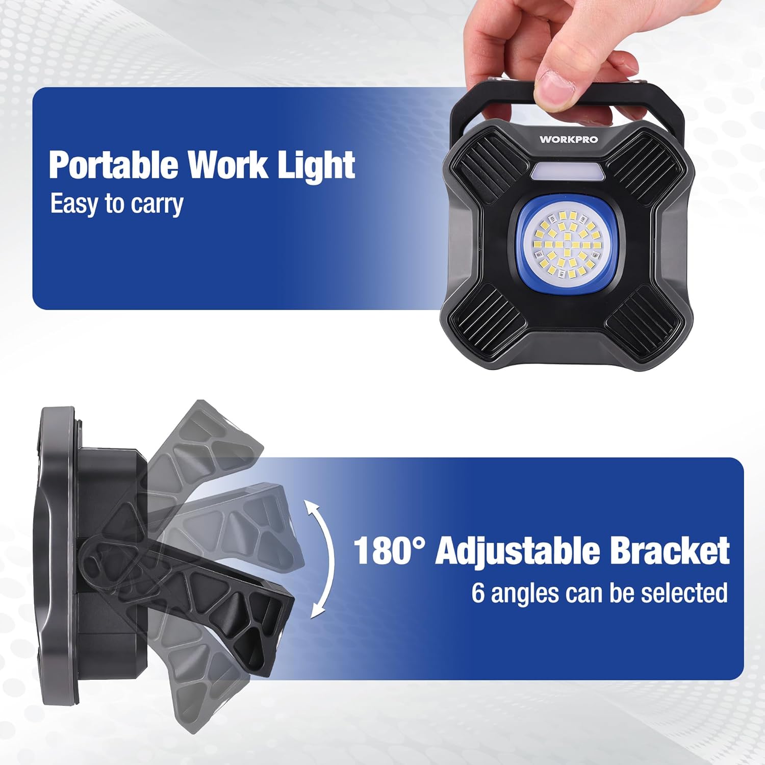 Portable LED work light with adjustable bracket, black housing and blue-ring lens