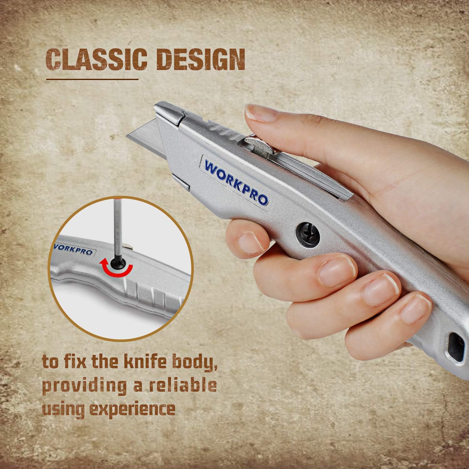 Retractable utility knife, silver handle with blade extended in a hand