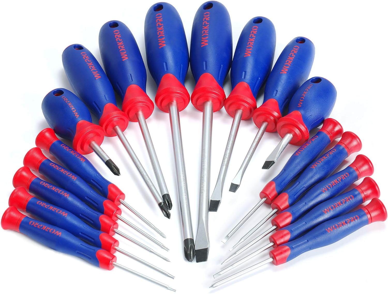 Screwdriver set with blue handles, red caps, and chrome shafts spread out