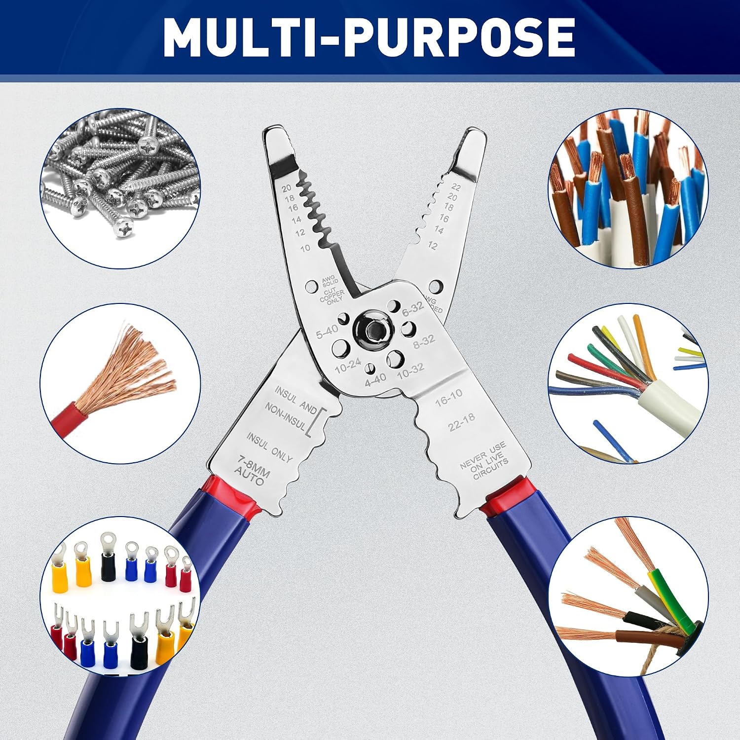 Multi-purpose wire stripper/cutter with blue handles and numbered stripping gauge on jaws