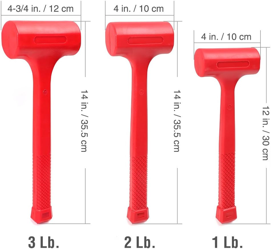 Red dead blow hammer set showing size markings: 3 lb, 2 lb, and 1 lb