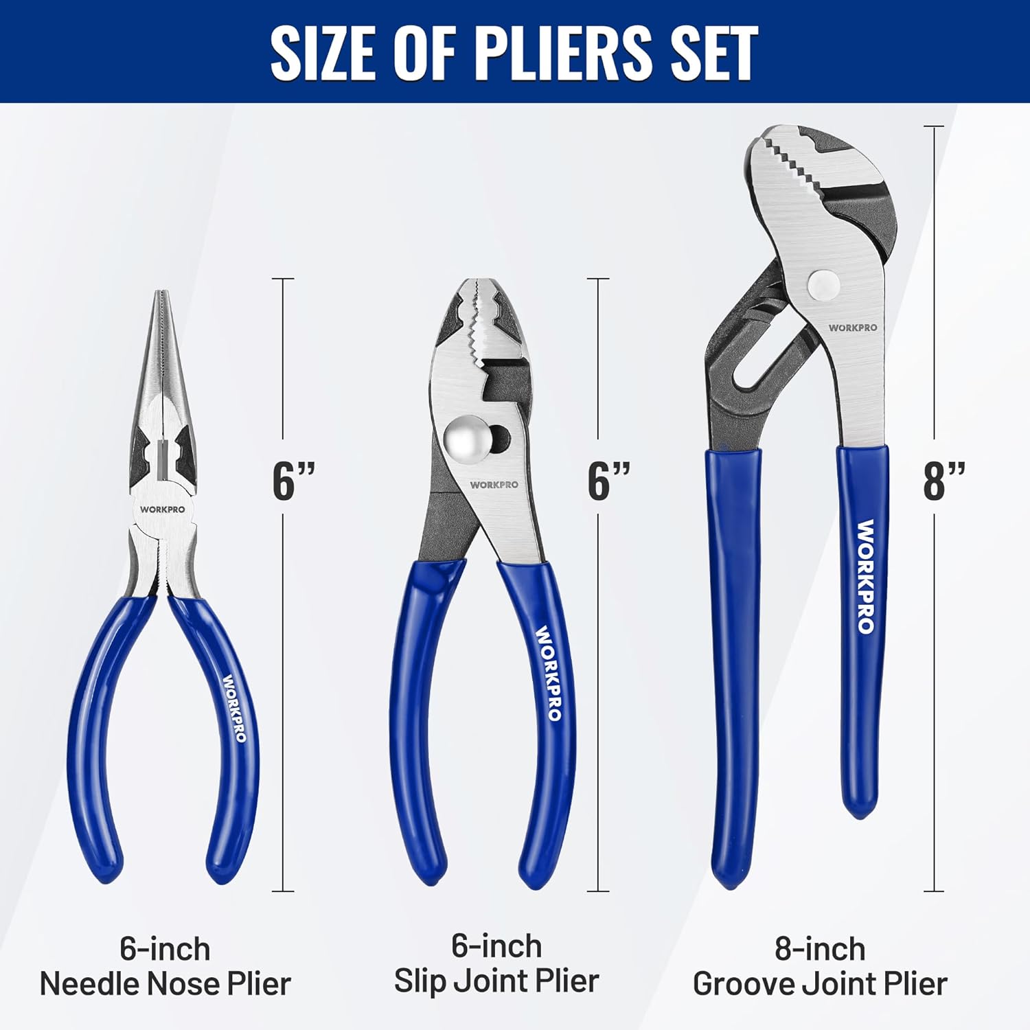 3-piece pliers set: 6 in needle-nose, 6 in slip-joint, 8 in groove-joint