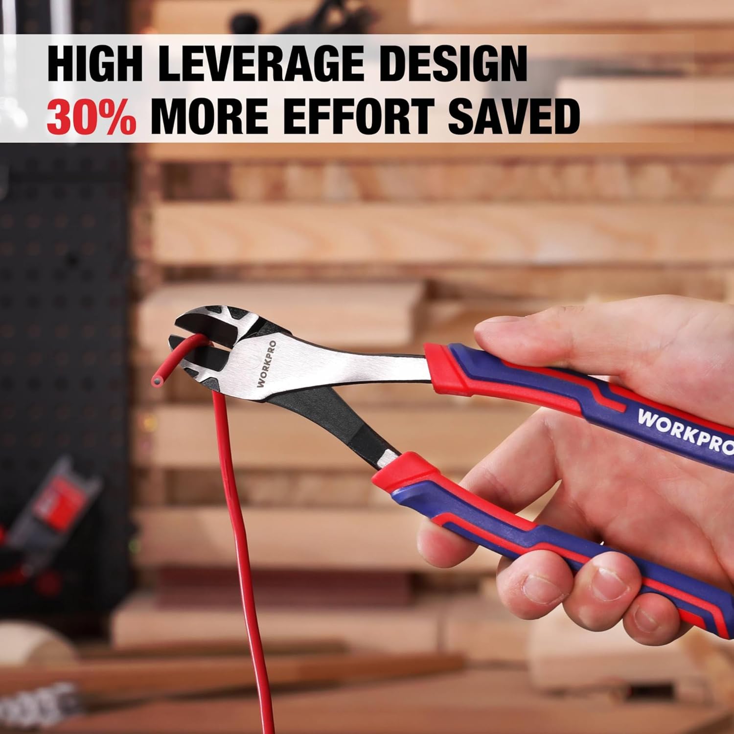WORKPRO diagonal pliers held by hand with red and blue anti-slip handle grips