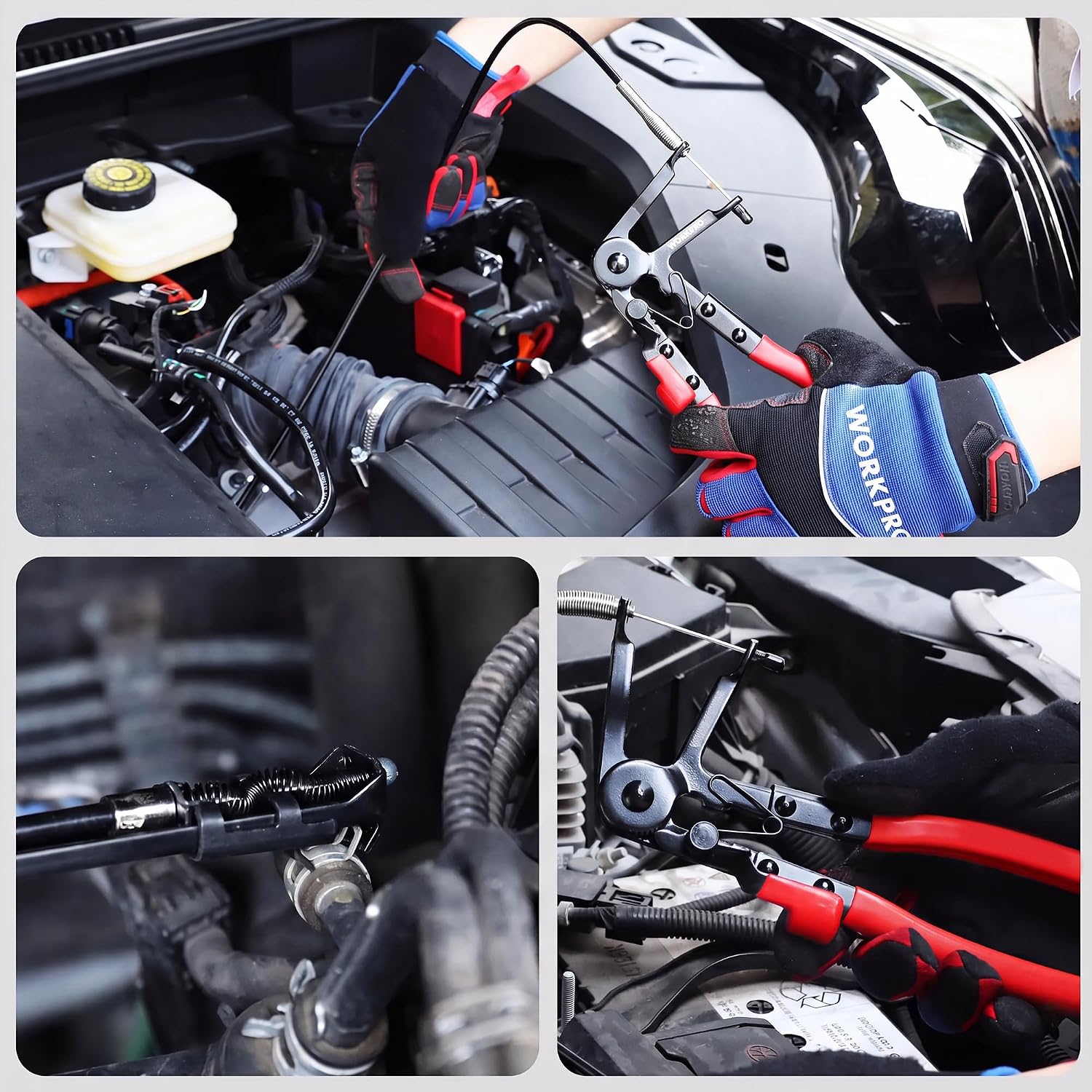 Red-handled hose clamp pliers used in engine compartment with flexible loop cable