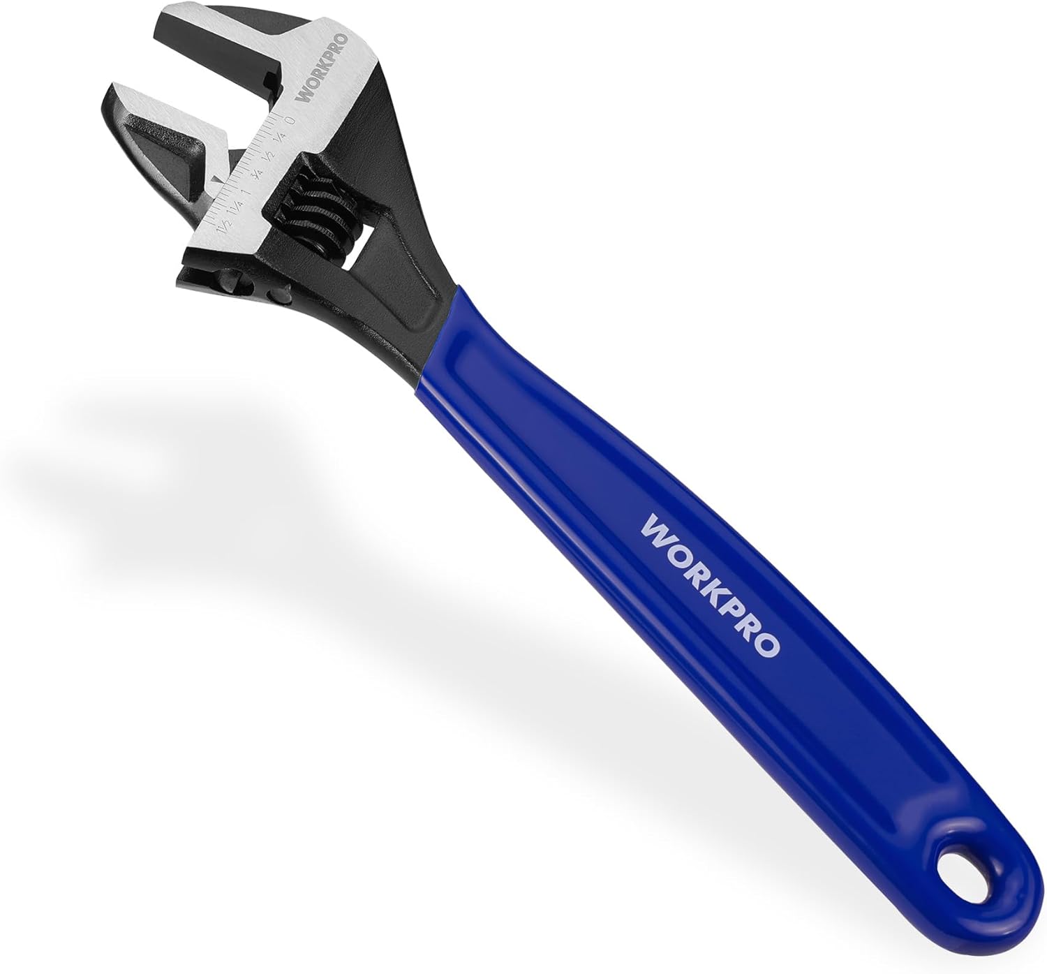 WORKPRO adjustable wrench with black oxide CR-V steel head and blue ergonomic handle