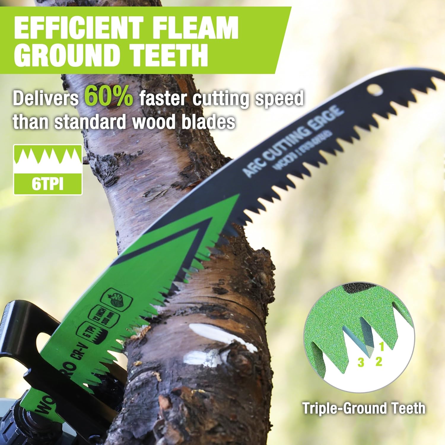WORKPRO 6TPI triple-ground tooth reciprocating saw blade, green and black serrations
