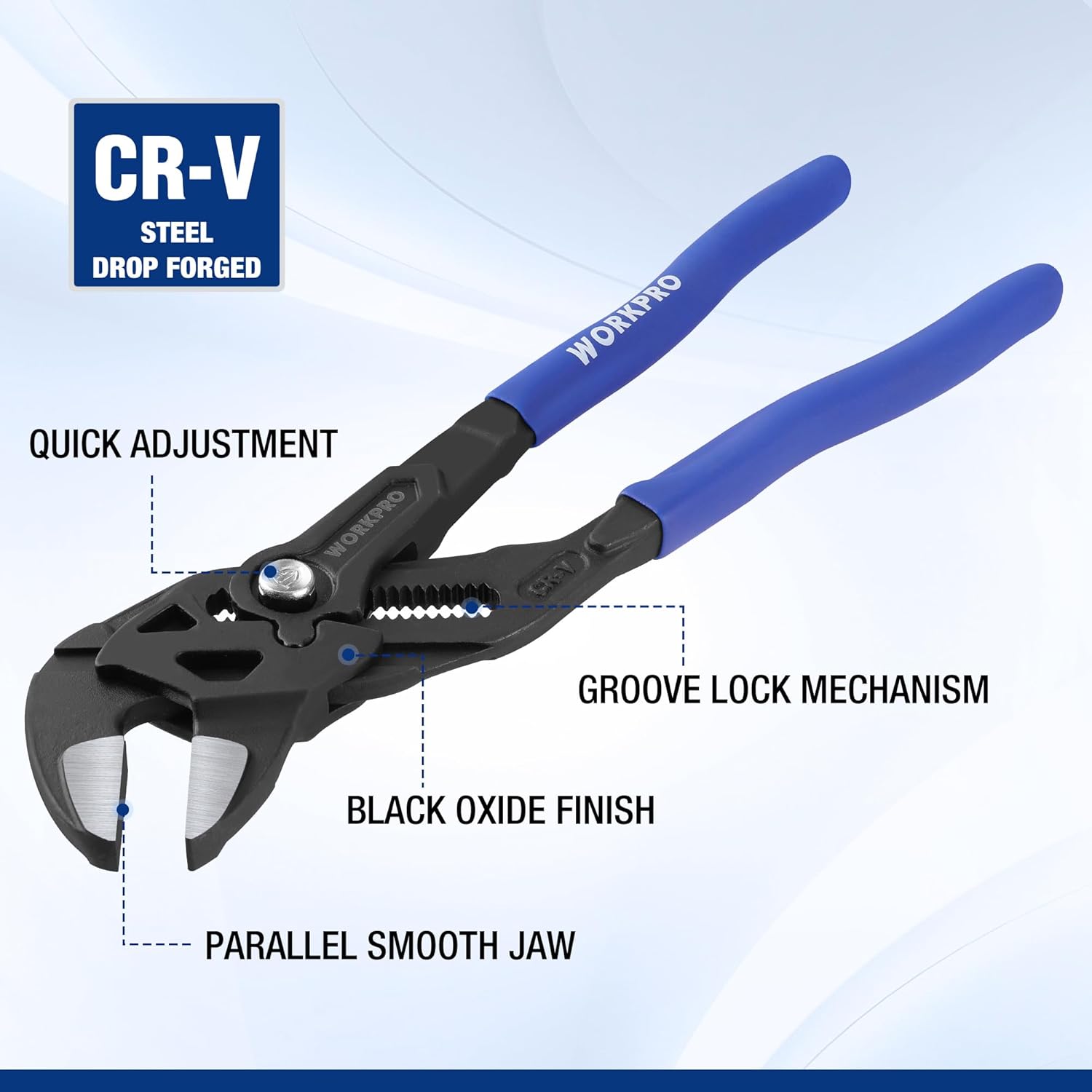 Black CR-V steel pliers wrench with blue handles, smooth parallel jaw, groove lock