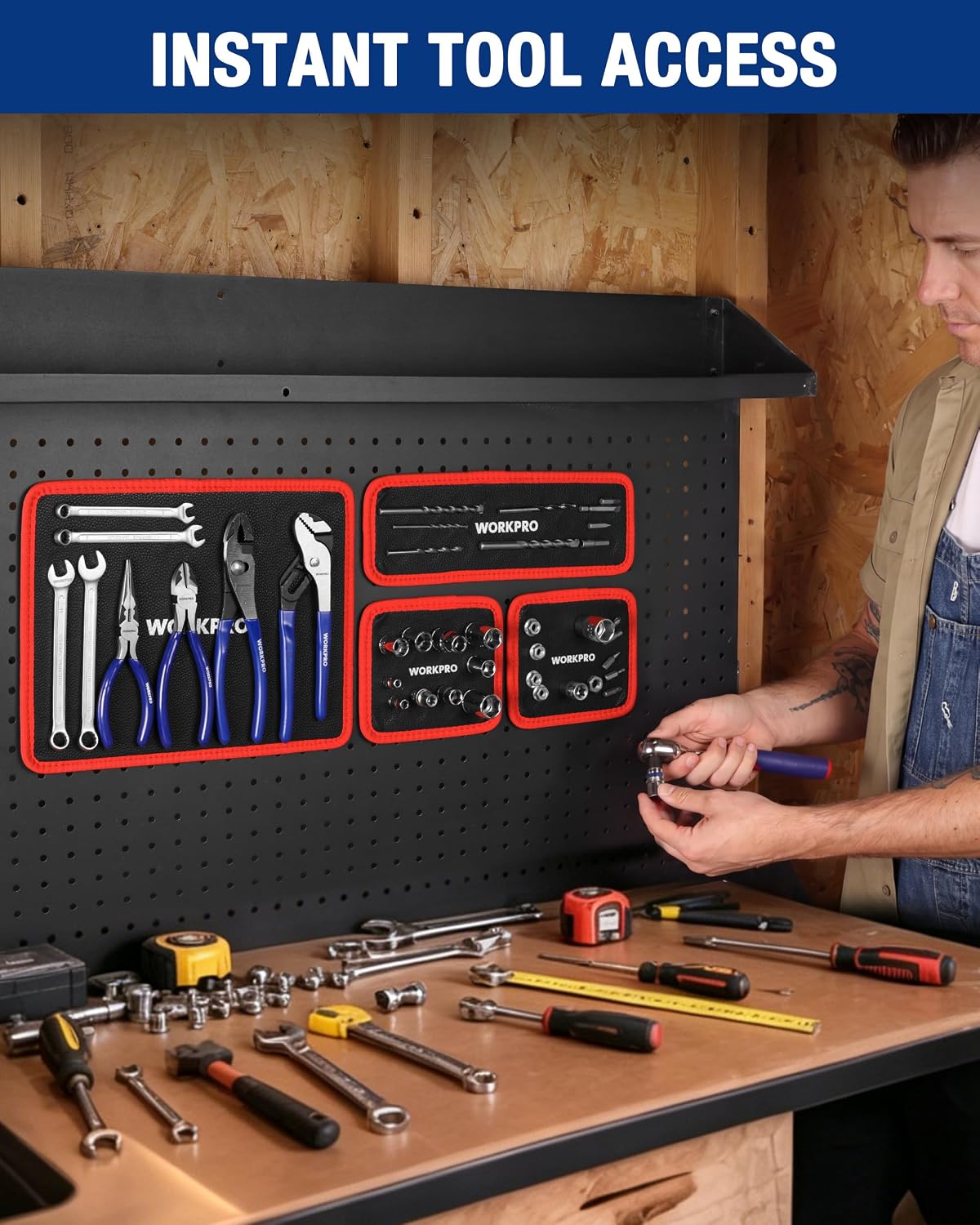 WORKPRO magnetic tool trays on garage pegboard wall, tools secured in red-lined slots